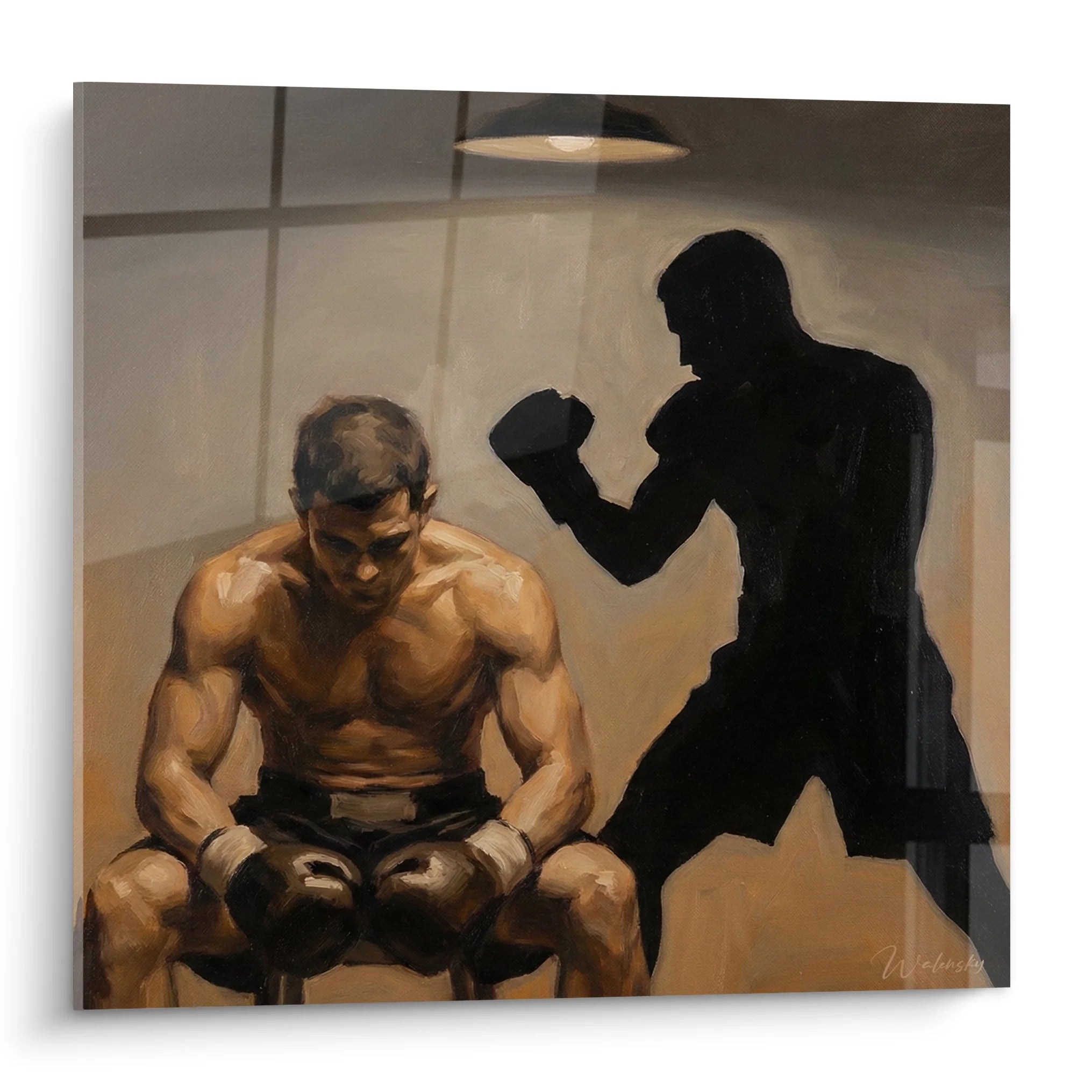 Tableau boxe représentant boxeur musclé assis avec ombre combattant - art sport combat déco murale