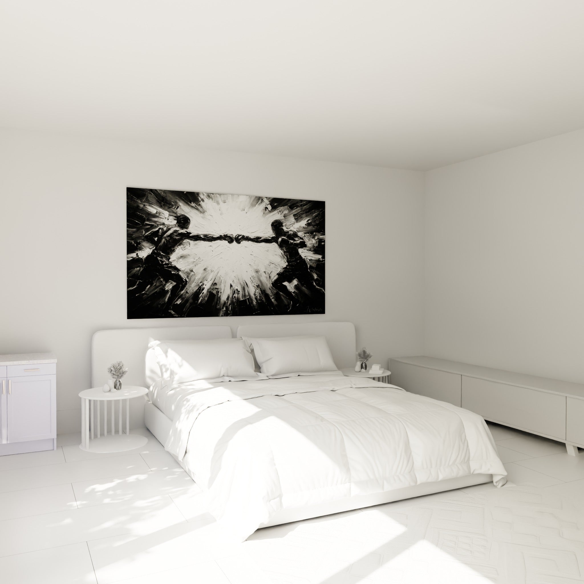 Gants noirs percutant dans une explosion blanche, tableau boxe au-dessus d'un lit dans une chambre claire
