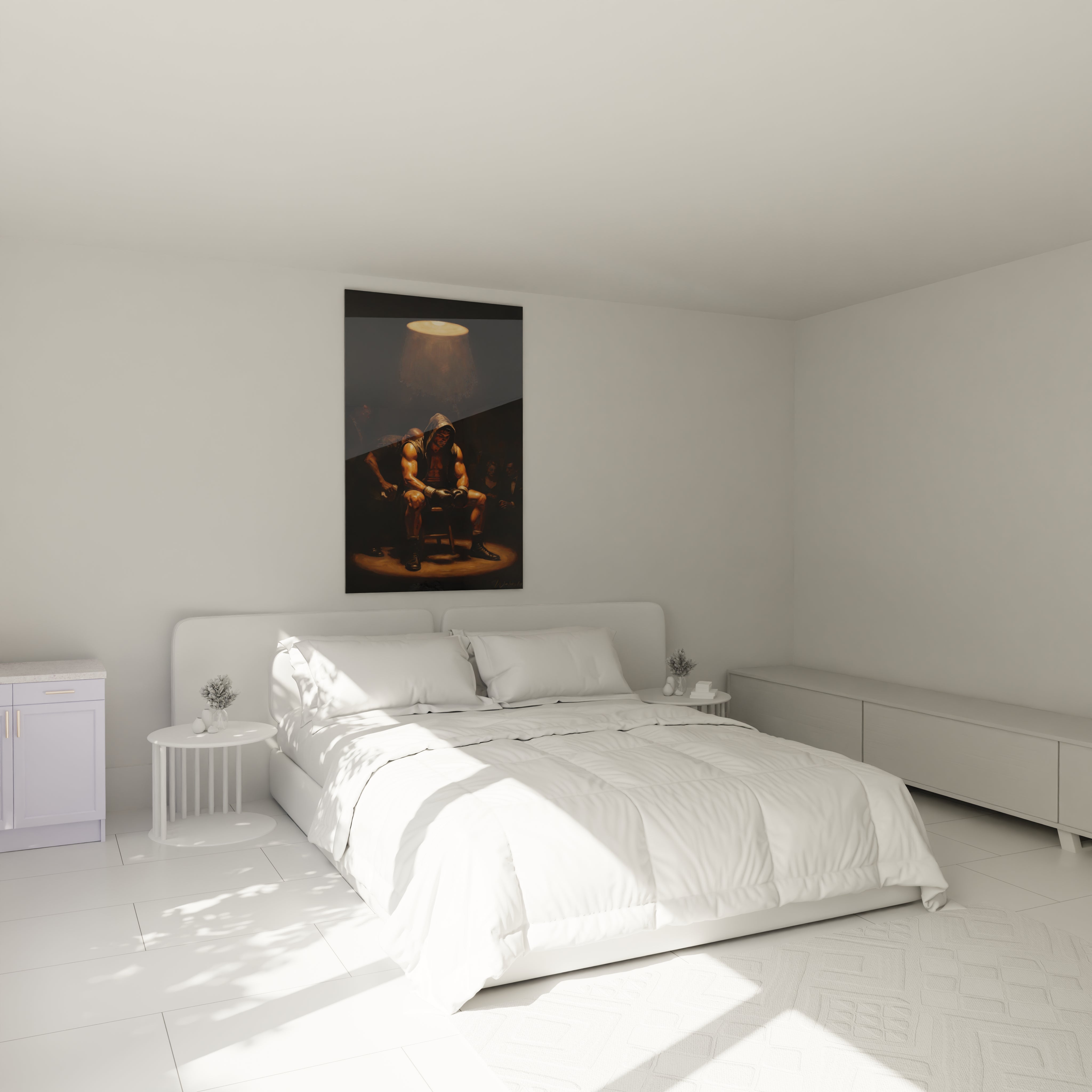 Athlète courbé aux tons ocre et noirs, tableau Boxe accroché au-dessus d'un lit dans une chambre claire.