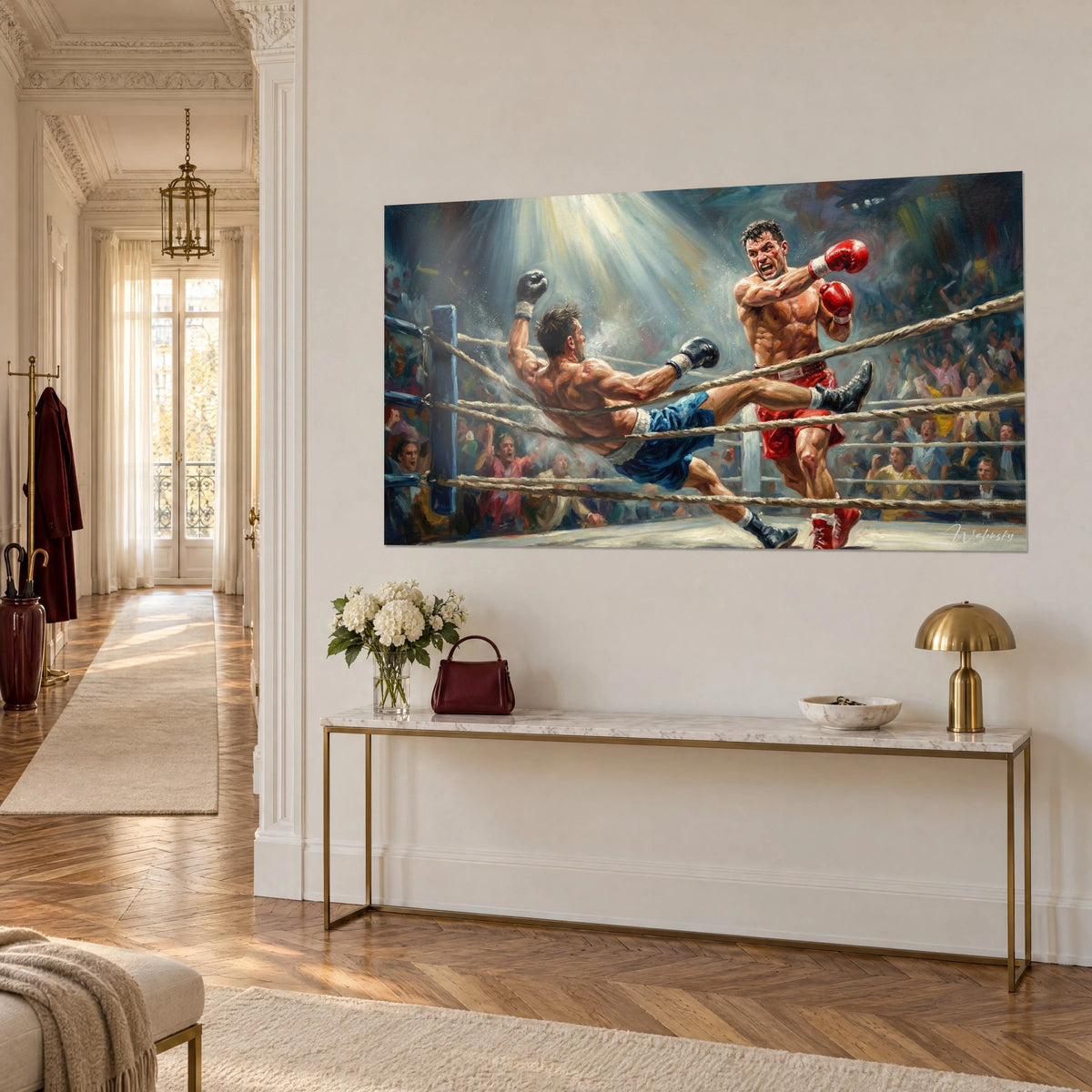 Tableau combat de boxe au bord des cordes, gants rouges levés et corps bleu renversé sur parquet blond, console dorée, mur crème