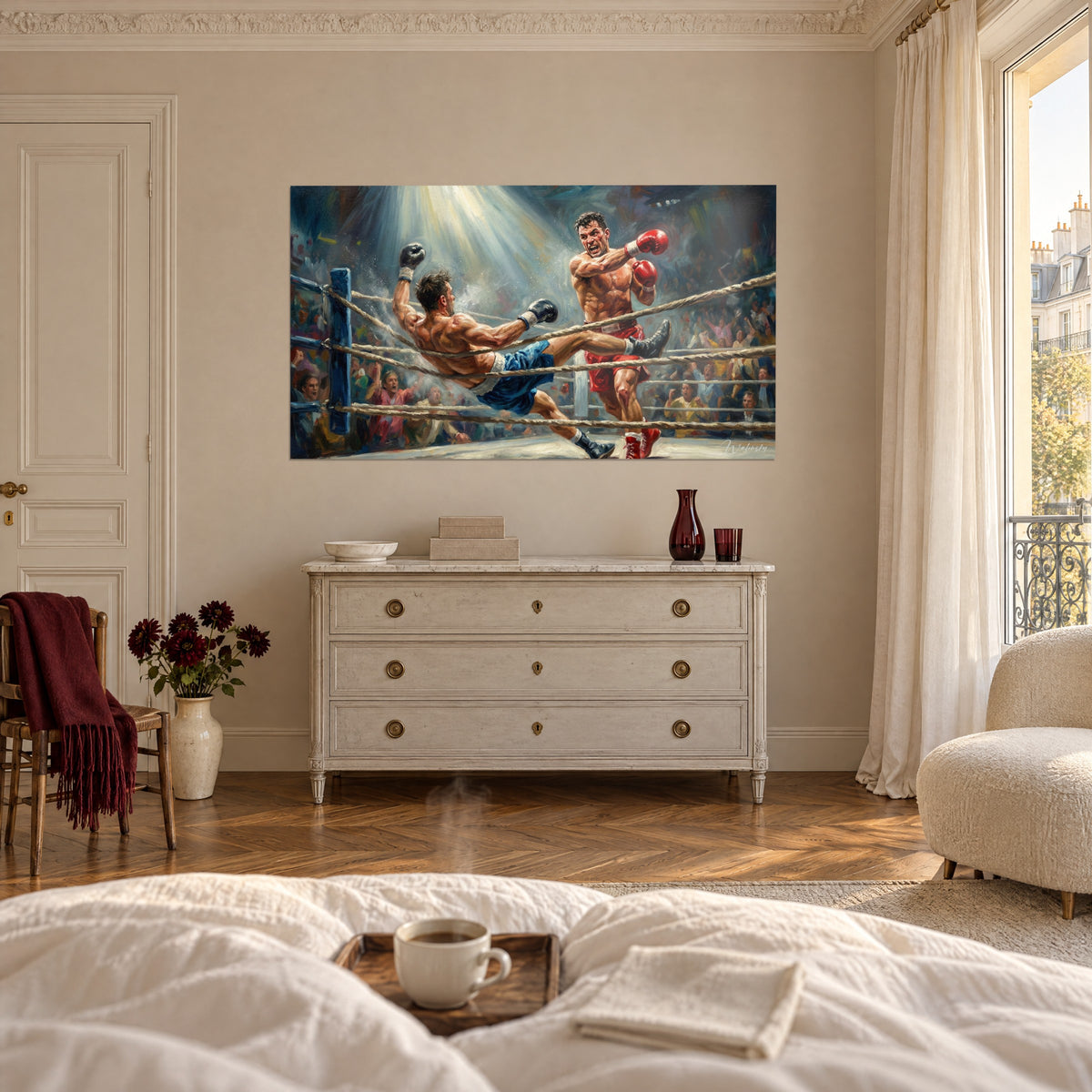 Tableau KO sur un ring, vainqueur en short rouge poing levé, rival bleu basculant, foule colorée, au-dessus d'un lit dans une chambre claire