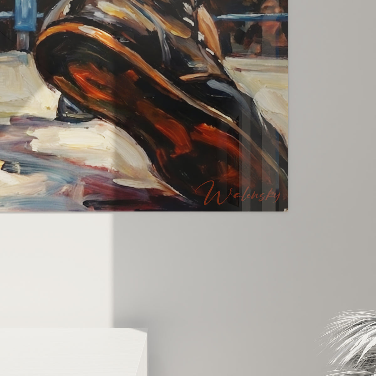 Matière épaisse en orangé et bleu marine, empâtements visibles capturant la violence du geste pugilistique.