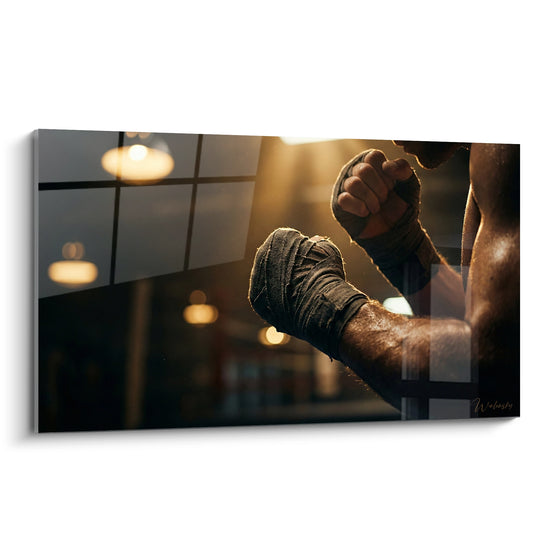 Tableau Poings bandés bruns et dorés en garde - Avant le combat - Edition Boxe