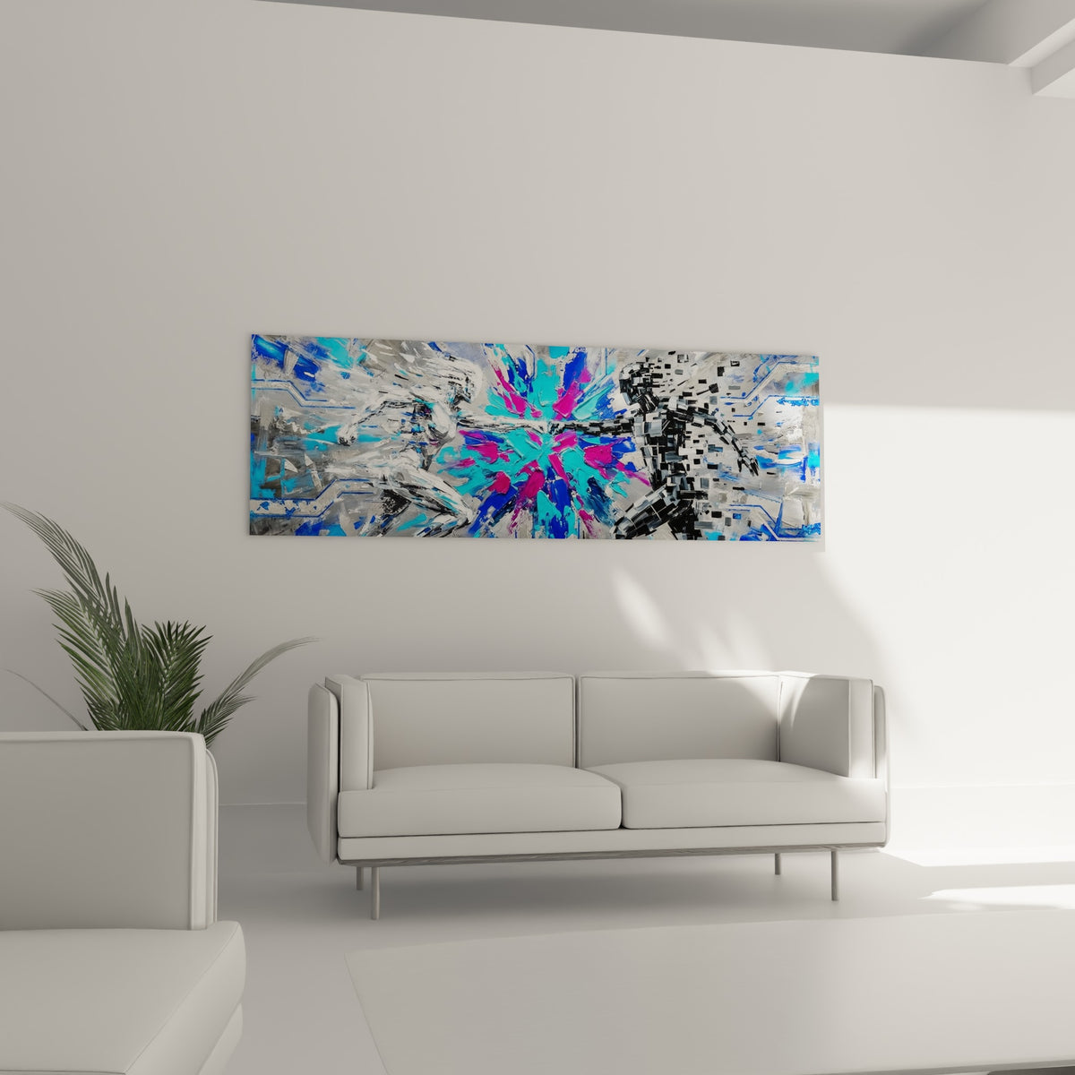 Poings de boxeurs percutant une explosion rose et bleue au-dessus d'un canapé dans un salon lumineux