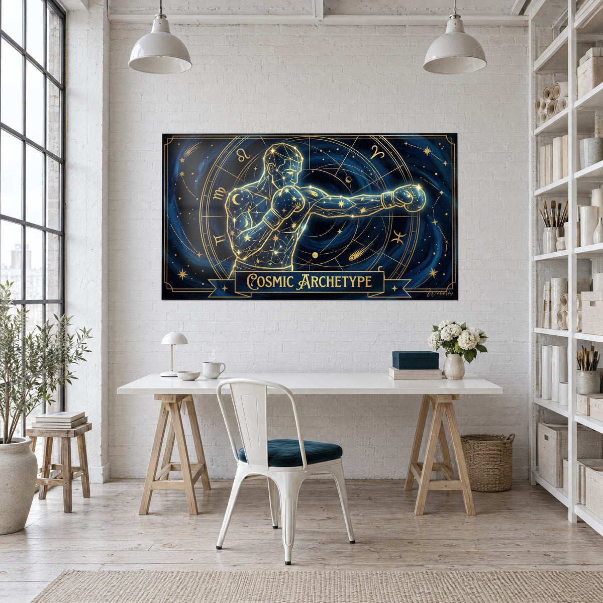 Schilderij van kosmische bokser met gouden contouren en indigo nevel, Cosmic Archetype banner, opgehangen boven een wit bureau