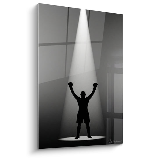 Tableau Boxeur silhouette noire sous faisceau blanc - Instant de triomphe - Edition Boxe