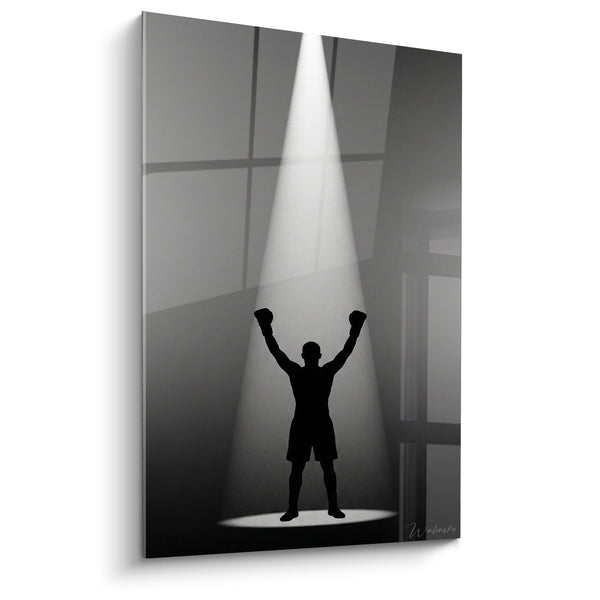 Tableau Boxeur silhouette noire sous faisceau blanc - Instant de triomphe - Edition Boxe
