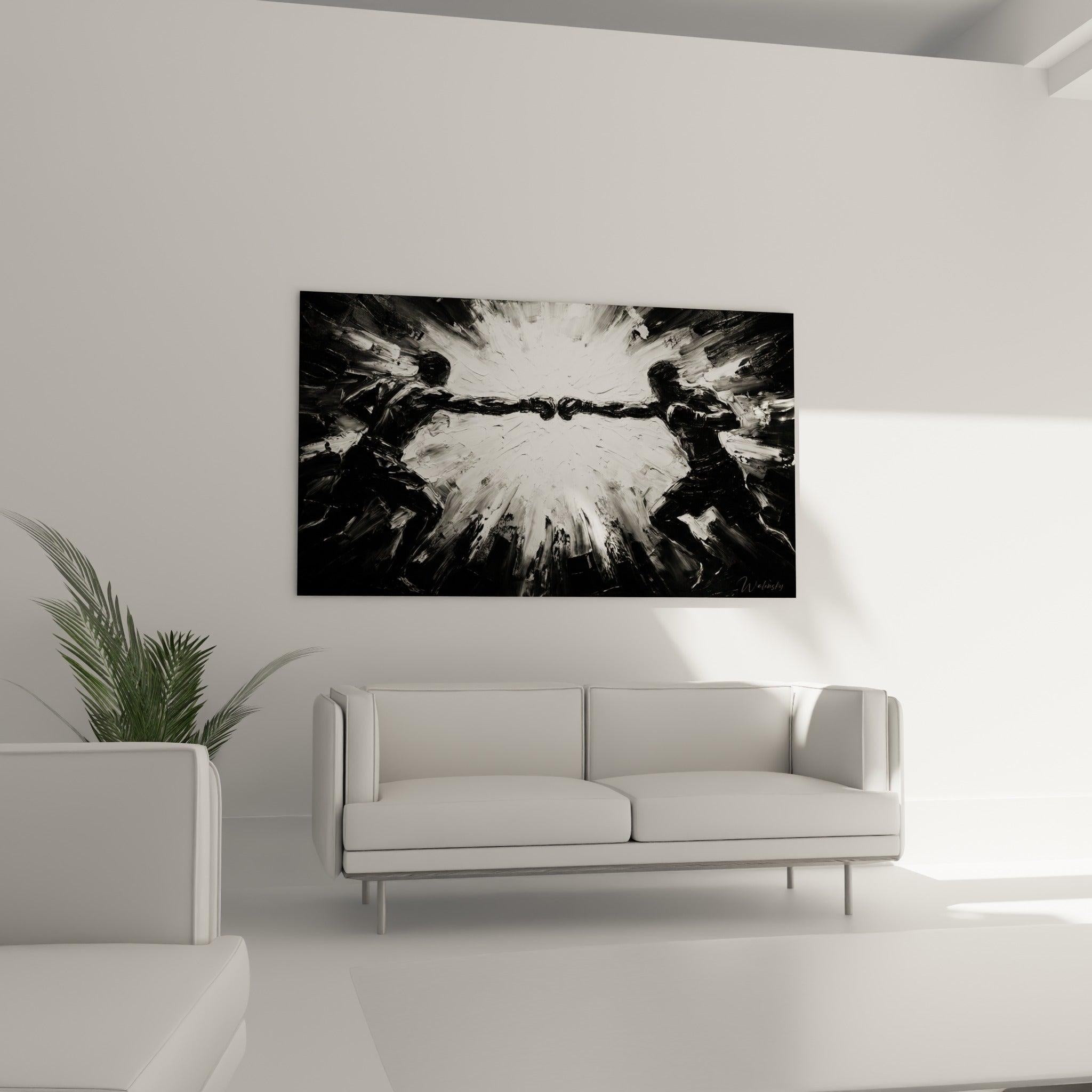 Silhouettes sombres de boxeurs entourées de lumière blanche vive, au-dessus d'un canapé dans un salon lumineux