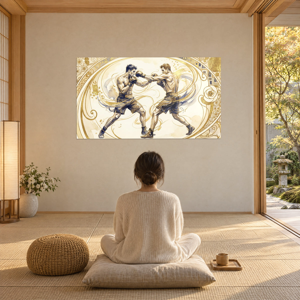 Quadro di un duello di boxe in acquerello, sagome muscolose, spirali dorate e blu indaco, di fronte a una donna seduta su un cuscino