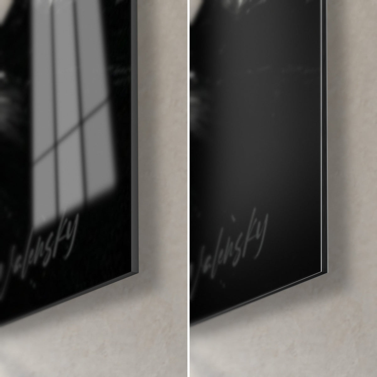 Cuadro de boxeadores pintado con espátula, esquina inferior derecha: cristal acrílico negro brillante con reflejos, aluminio Dibond gris mate