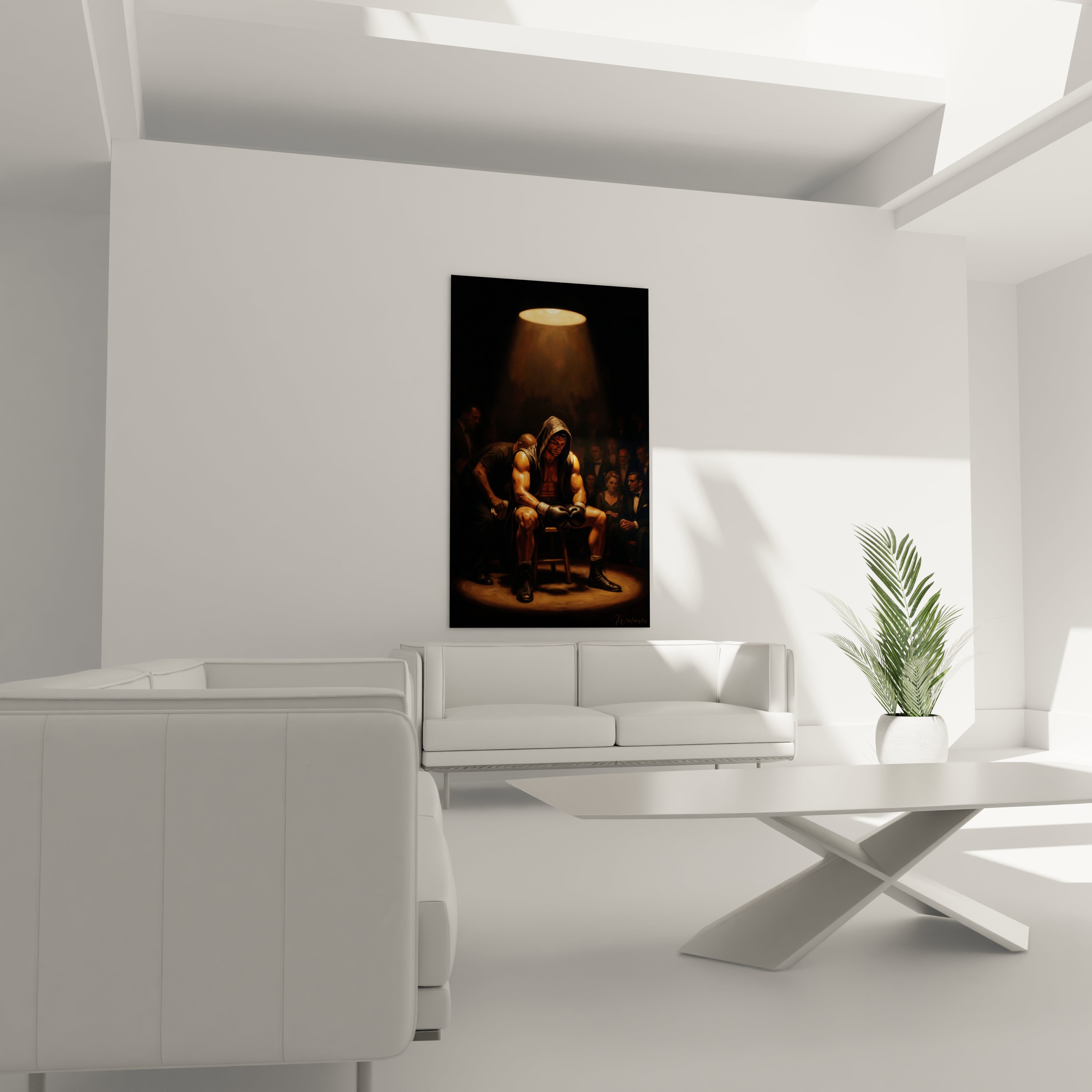 Combattant concentré sous halo doré, tableau Boxe placé au-dessus d'un canapé dans un salon lumineux.