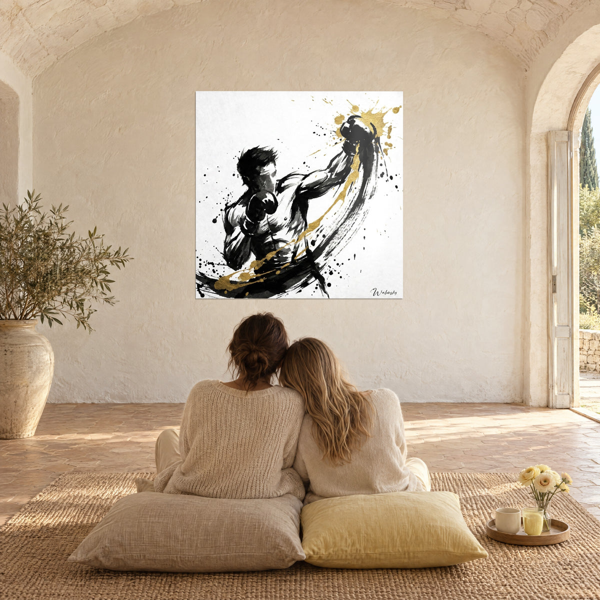 Cuadro de un puñetazo sumi-e en negro y dorado sobre fondo blanco, dos personas de espaldas sentadas sobre cojines beige y amarillos