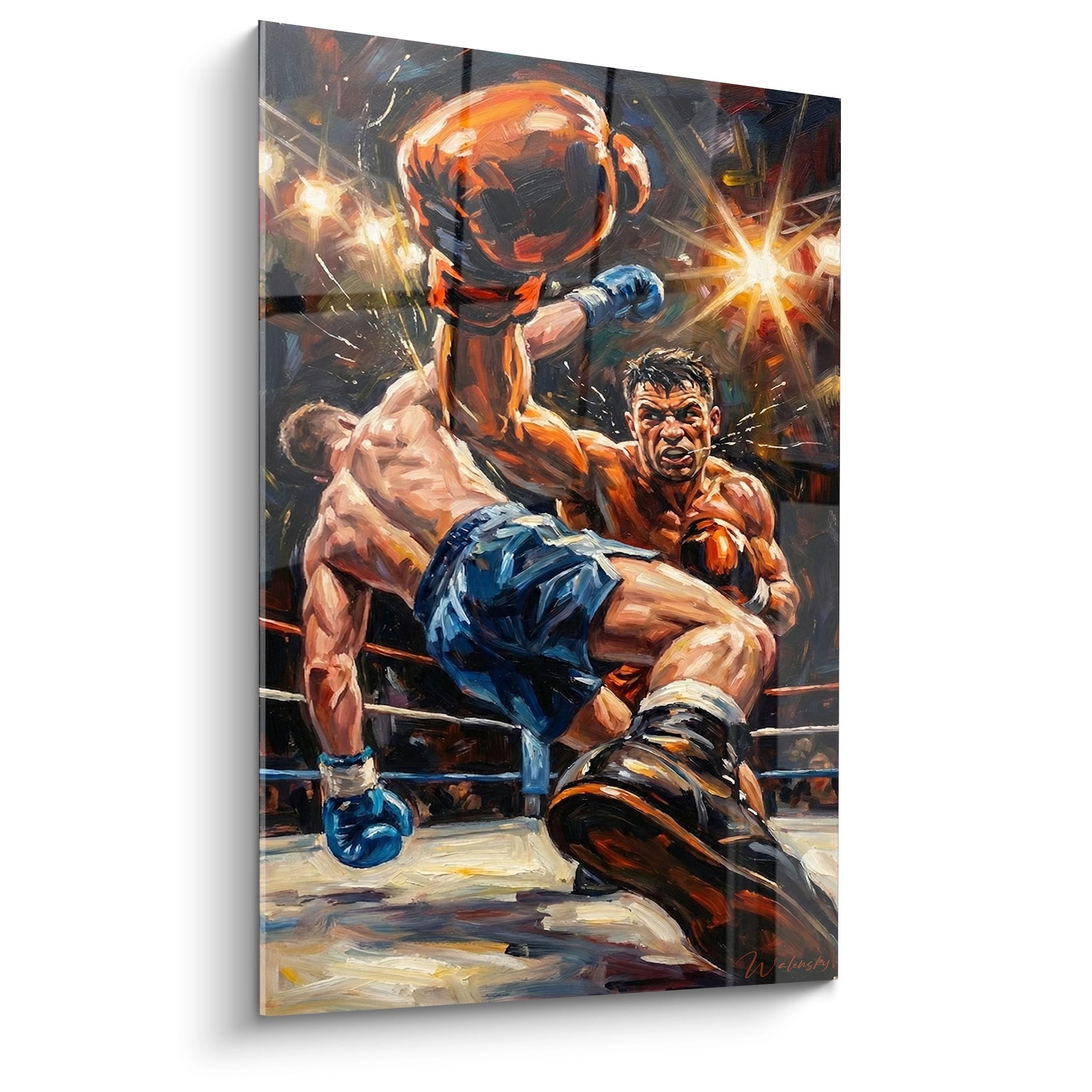 Boxeur orangé projette un uppercut, gant bleu marine et éclats lumineux dorés sur le ring.