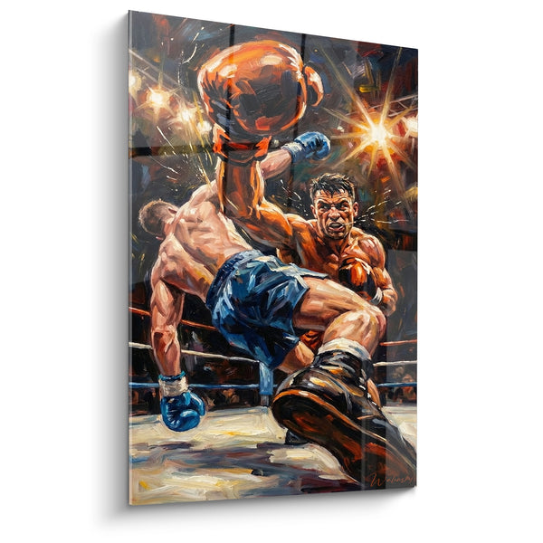 Tableau Boxeurs bleu et orangé au corps à corps - Instant du knock-out - Edition Boxe