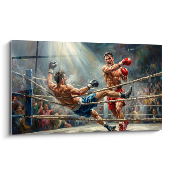Tableau Boxeurs rouge et bleu sur le ring - Instant du KO - Edition Boxe