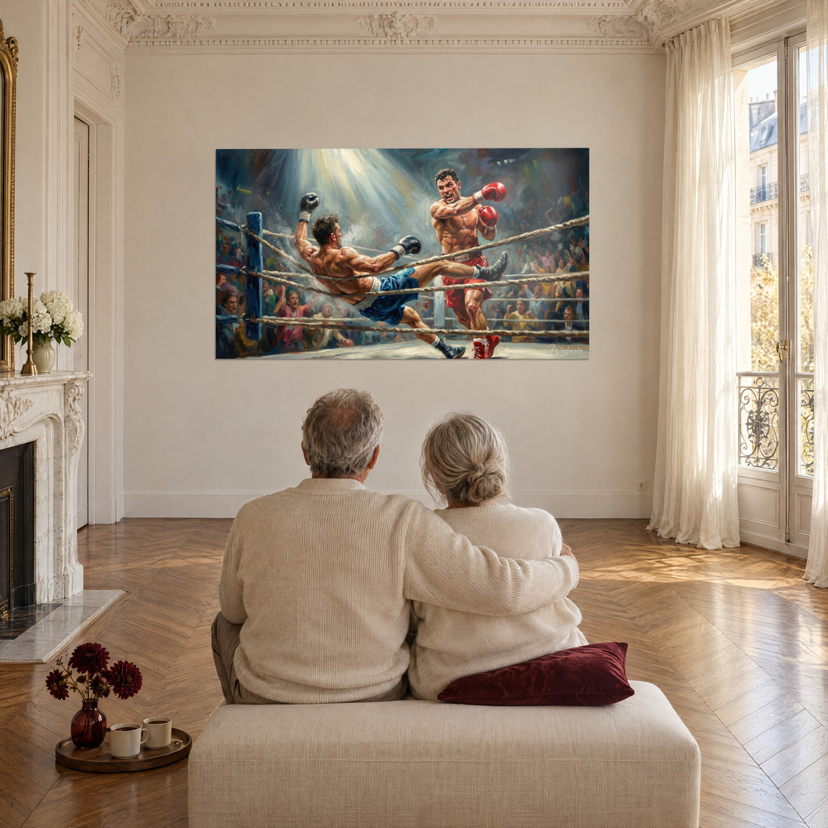 Tableau boxeur victorieux aux gants écarlates dominant son adversaire marine renversé, foule rieuse, grand salon à parquet et moulures
