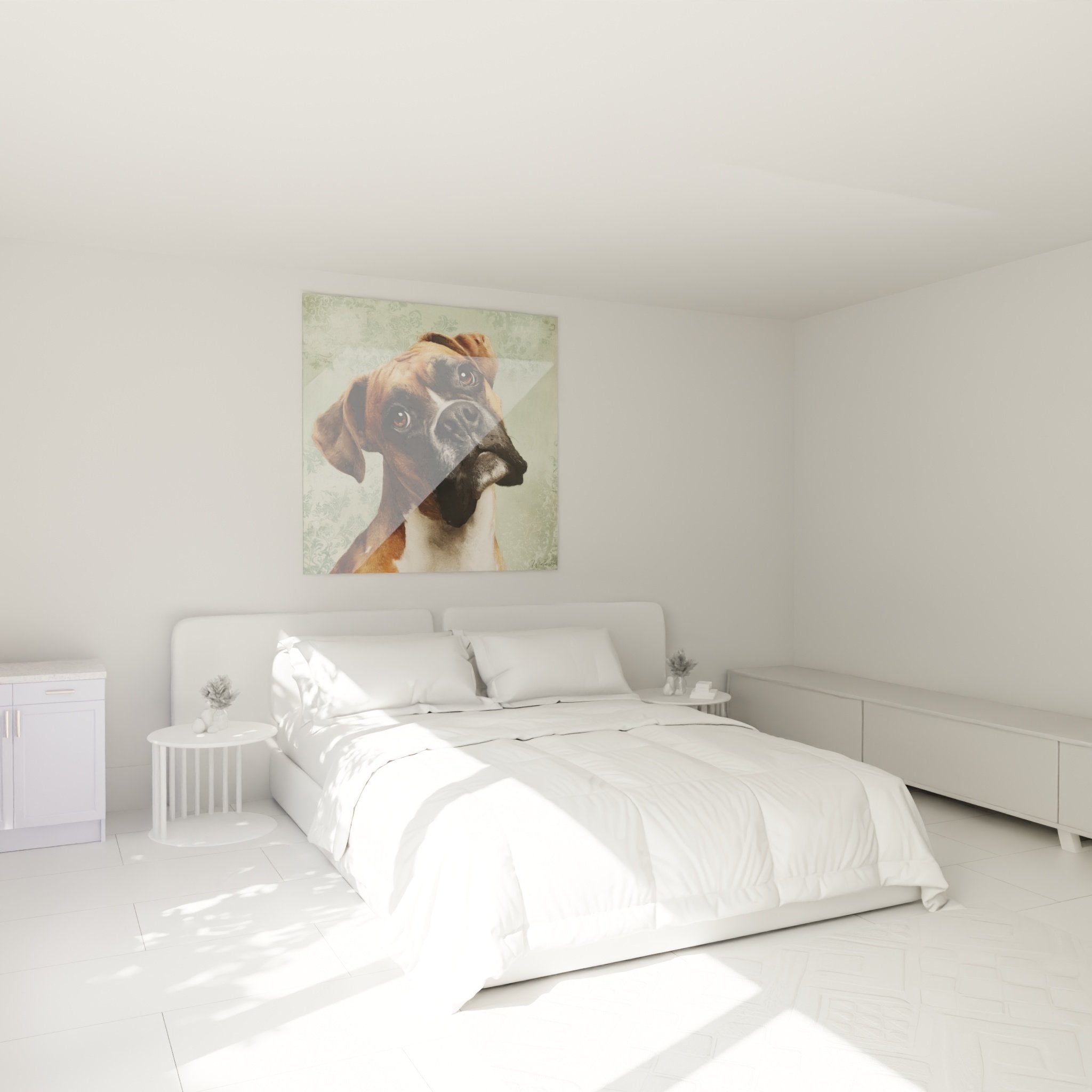 Caramel Boxer portrait painting in modern bedroom, warm and elegant wall decoration