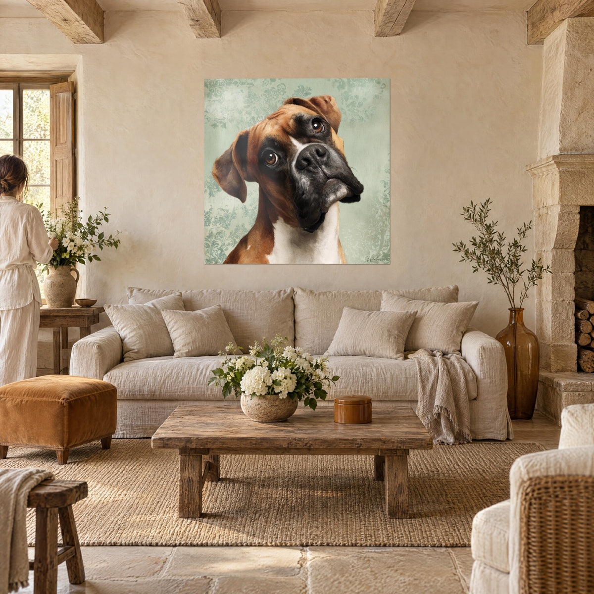 Cuadro perro boxer con la cabeza ladeada, hocico negro y pelaje caramelo sobre fondo verde salvia, encima de un sofá en un salón luminoso