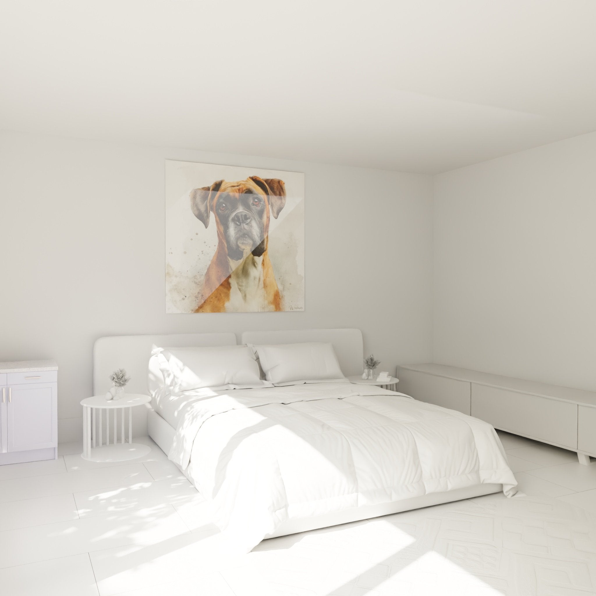 Quadro ritratto di Boxer in camera moderna, decorazione murale calda tonalità fulve