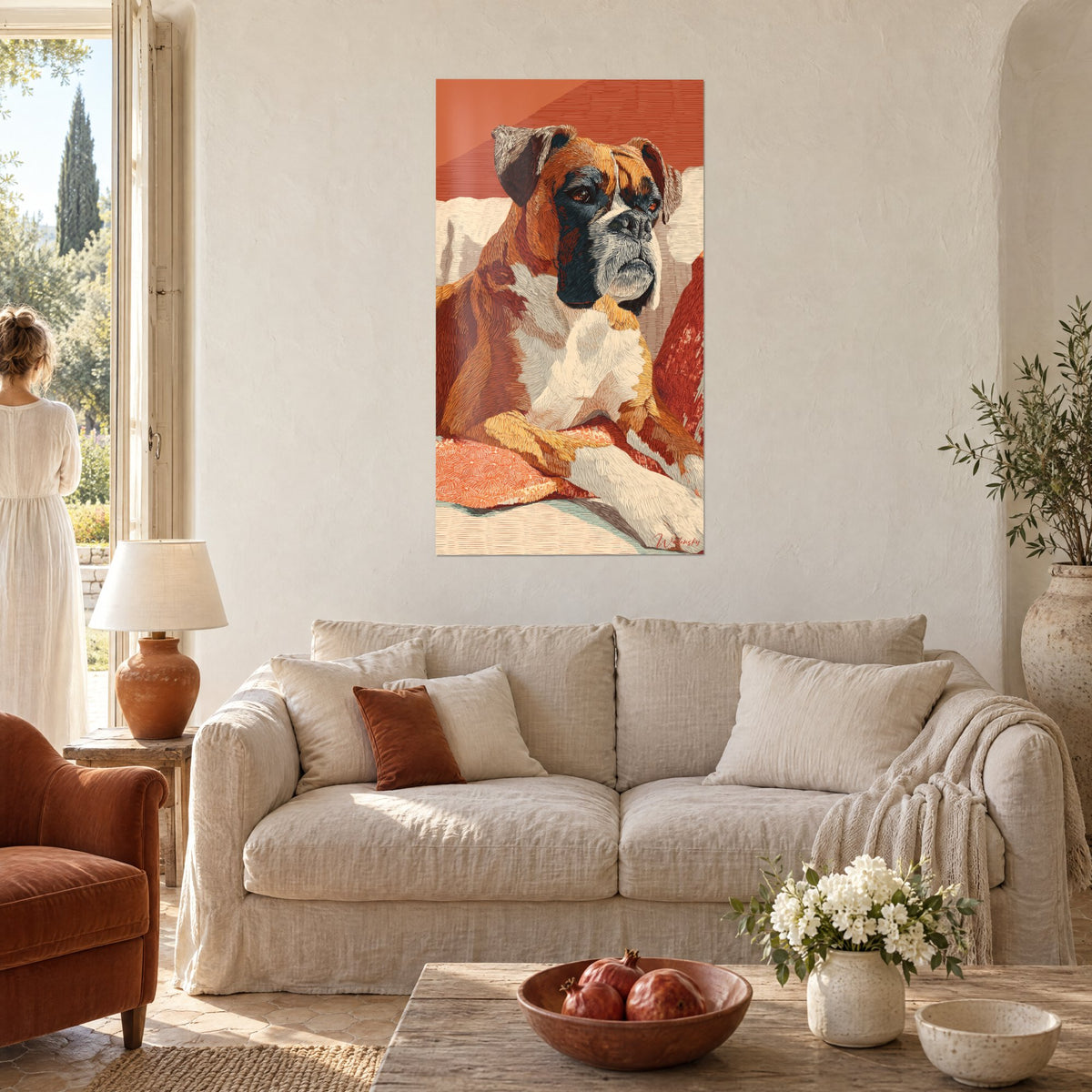 Gemälde Boxerhund mit schwarzer Schnauze, fahlbraunem Fell und cremefarbener Brust, zwei Personen von hinten über einem Sofa in einem hellen Wohnzimmer