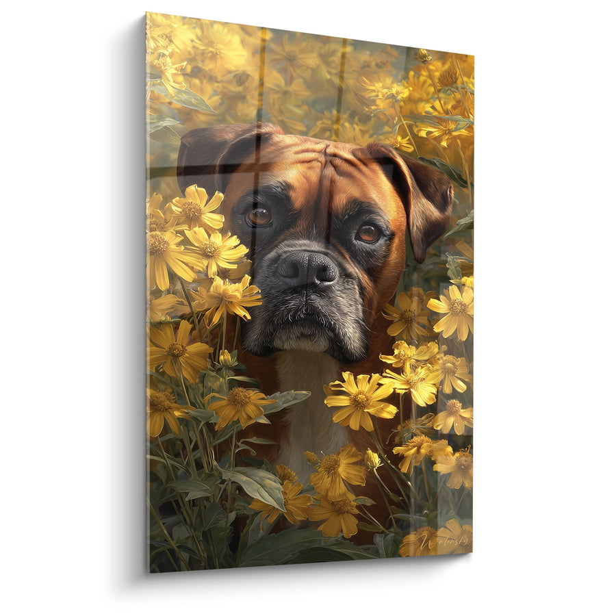 Tableau Chien Boxer dans un Champ de Fleurs Dorées - Portrait Canin Floral - Edition Boxer