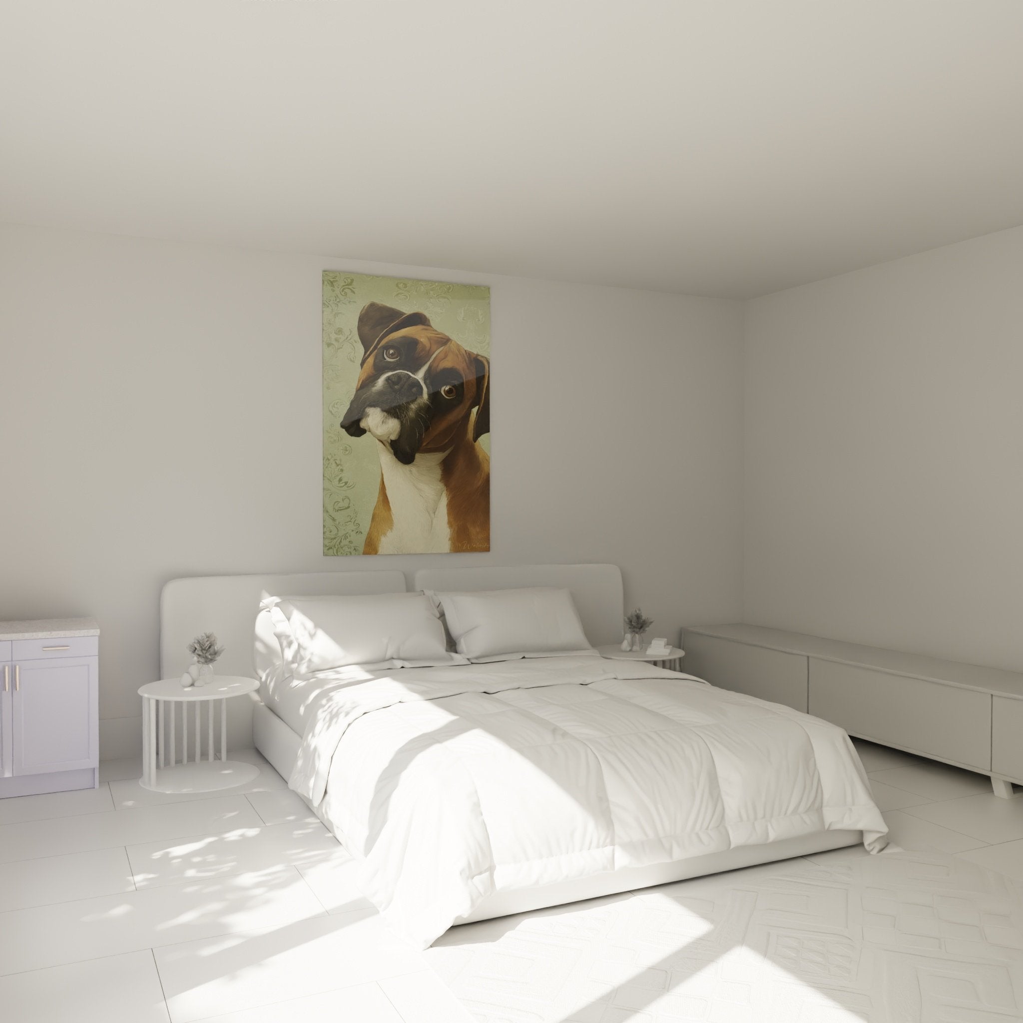 Boxerporträt-Gemälde schmückt elegant ein Schlafzimmer in natürlichen und beruhigenden Tönen