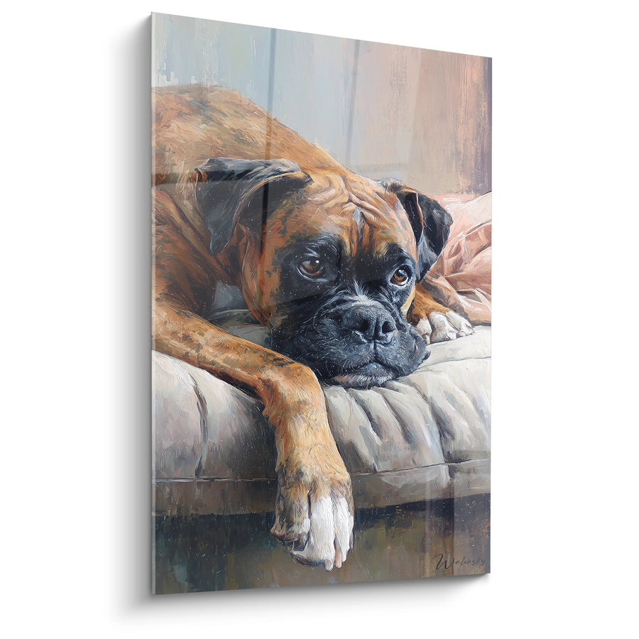 Tableau Chien Fauve au Regard Mélancolique Allongé sur Canapé Beige - Repos Contemplatif - Edition Boxer