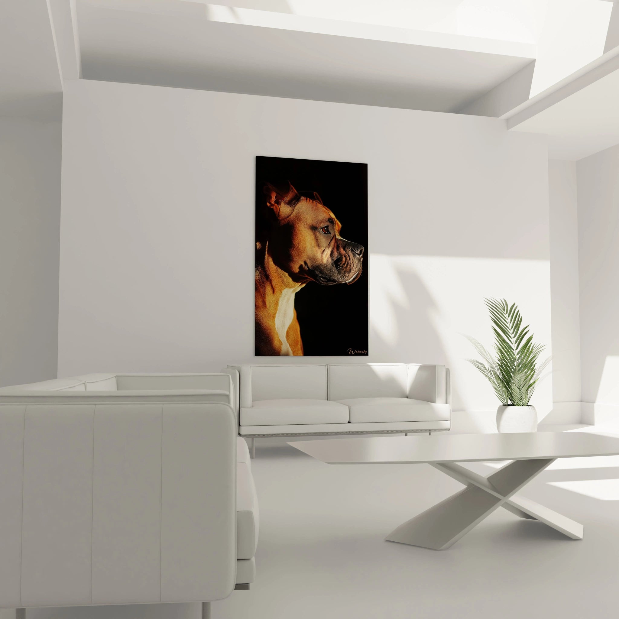 Un tableau Boxer en portrait rapproché présentant un chien au regard attentif, avec des teintes brunes, fauves et beiges mises en valeur par un éclairage latéral sur fond noir, révélant la texture lisse et brillante du pelage court.
