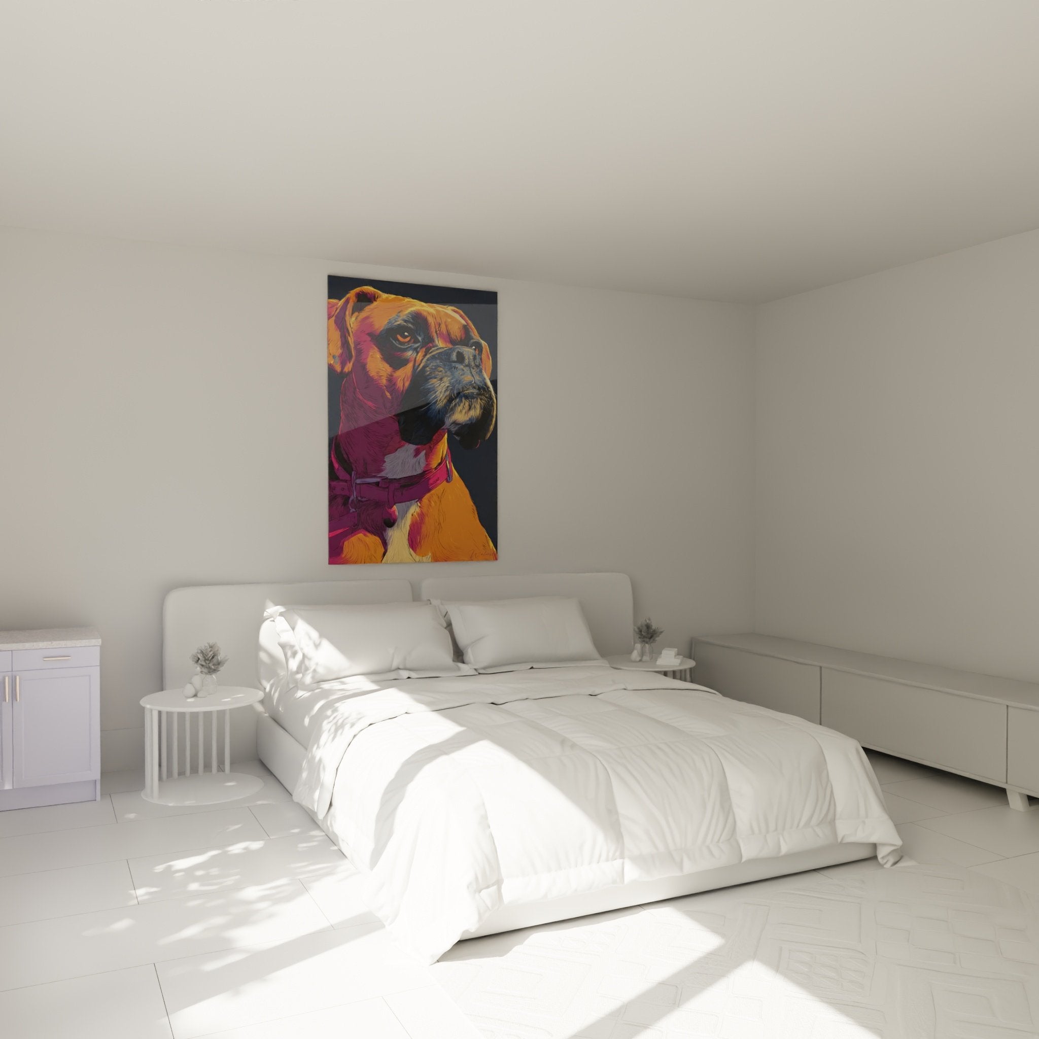 Farbiges orangeviolettes Boxer-Gemälde aufgehängt in modernem Schlafzimmer, künstlerische Wanddekoration