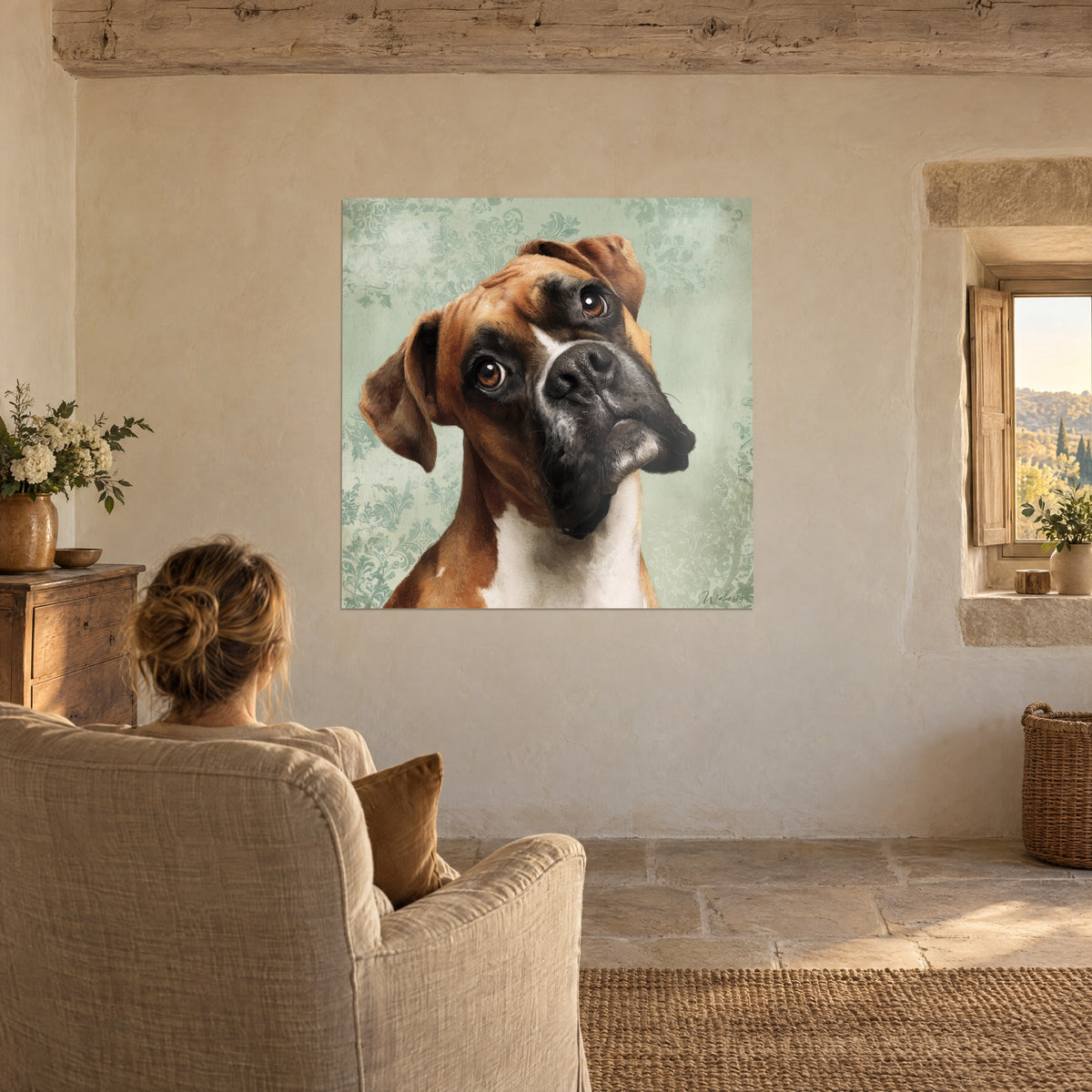 Cuadro retrato de boxer leonado de mirada dulce, fondo damasco verde tierno, pared encalada beige junto a una ventana, sillón de lino