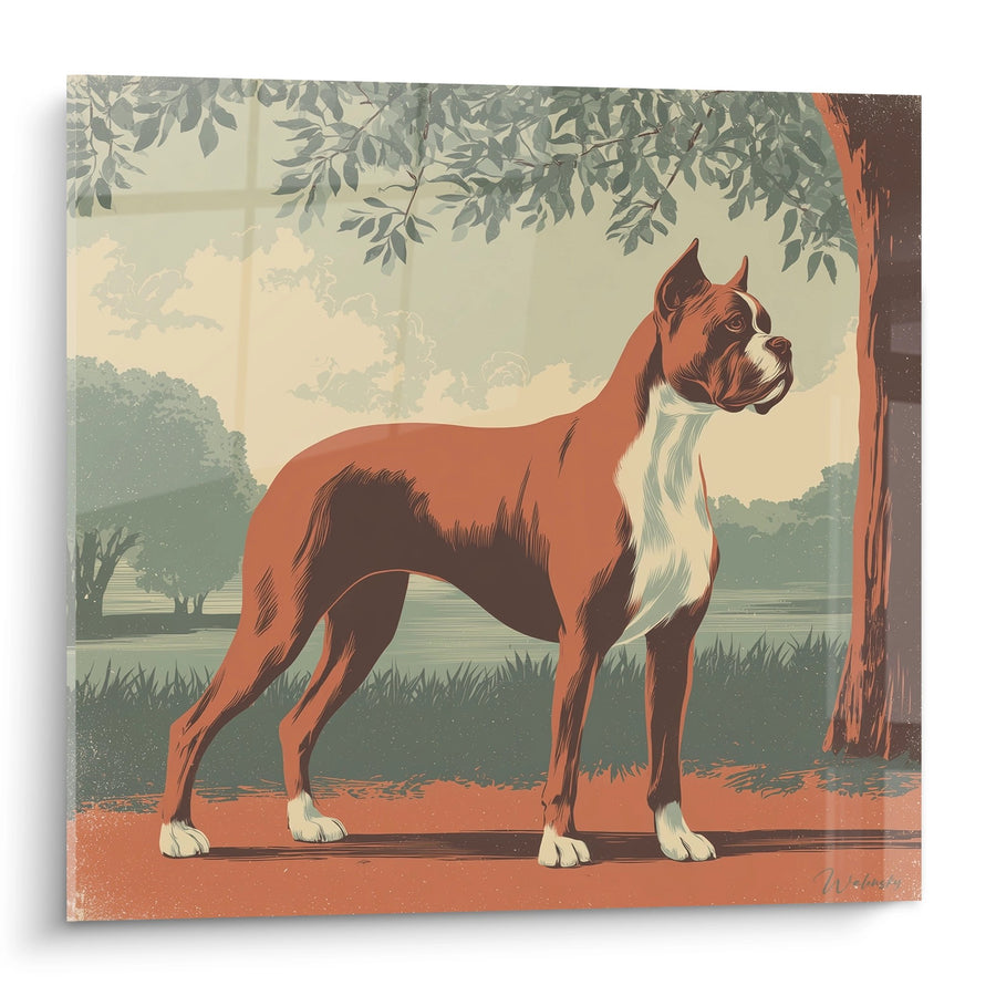 Tableau Chien Boxer Roux et Blanc dans Paysage Bucolique - Portrait Canin Vintage - Edition Boxer