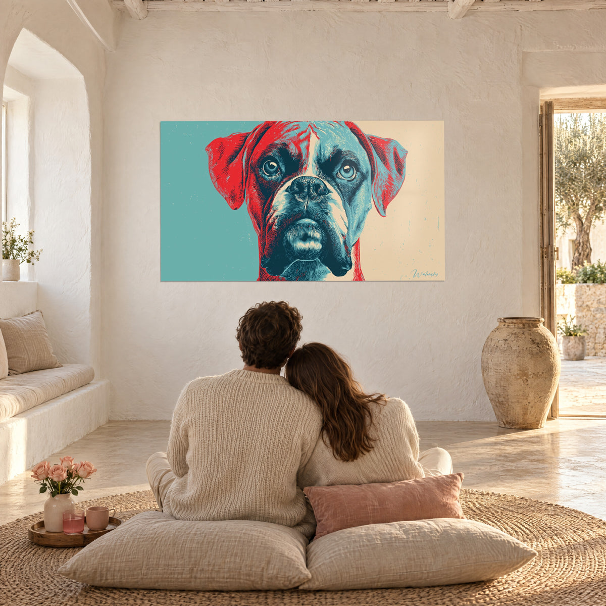 Πίνακας πρόσωπο με πρόσωπο με boxer σε linogravure κόκκινο και τυρκουάζ, κρεμασμένος σε τοίχο θολωτού σαλονιού που λούζεται στον ήλιο