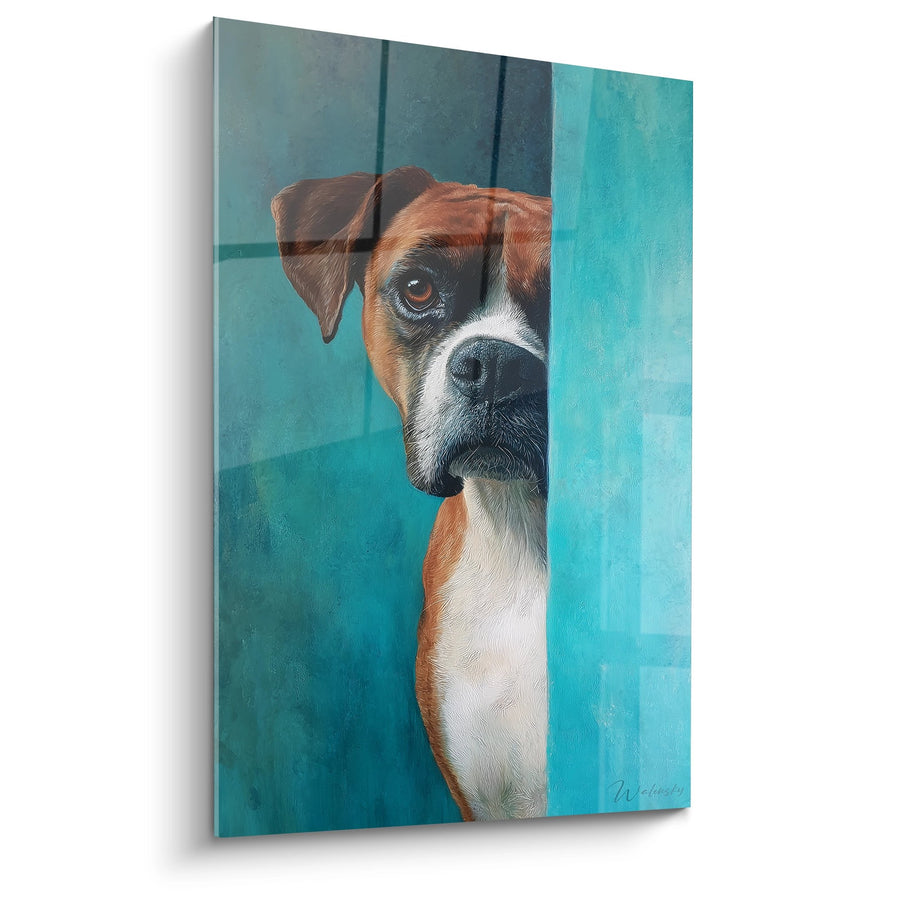 Tableau Chien Boxer Tricolore derrière Barrières Turquoise - Regard Tendre - Edition Boxer