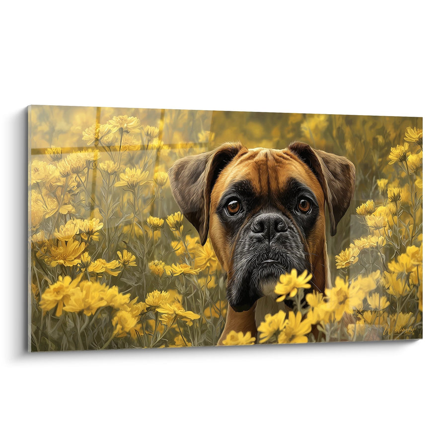 Tableau Chien Boxer aux Yeux Dorés dans un Champ de Fleurs Jaunes - Tendresse Florale - Edition Boxer