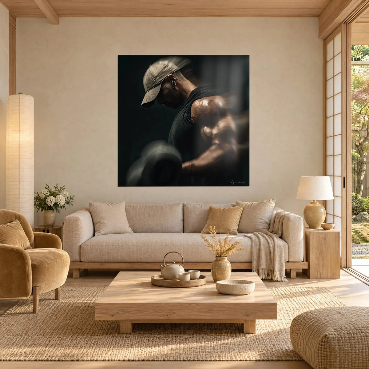 Wall art athlete in a cap in full flex, gleaming copper shoulder against a charcoal black background, above a sofa in a bright living room
