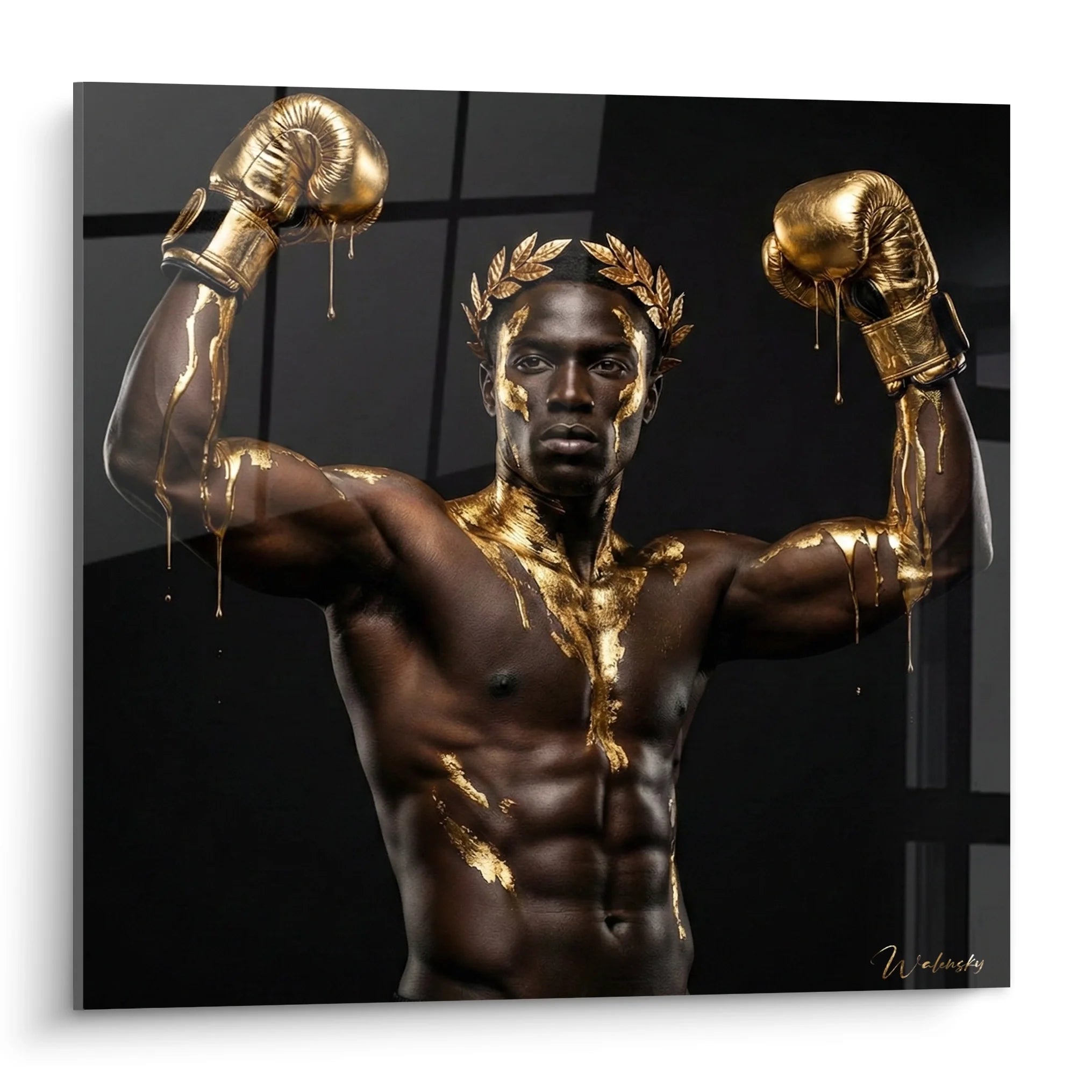 Tableau boxeur champion doré avec gants levés et couronne de laurier sur fond sombre