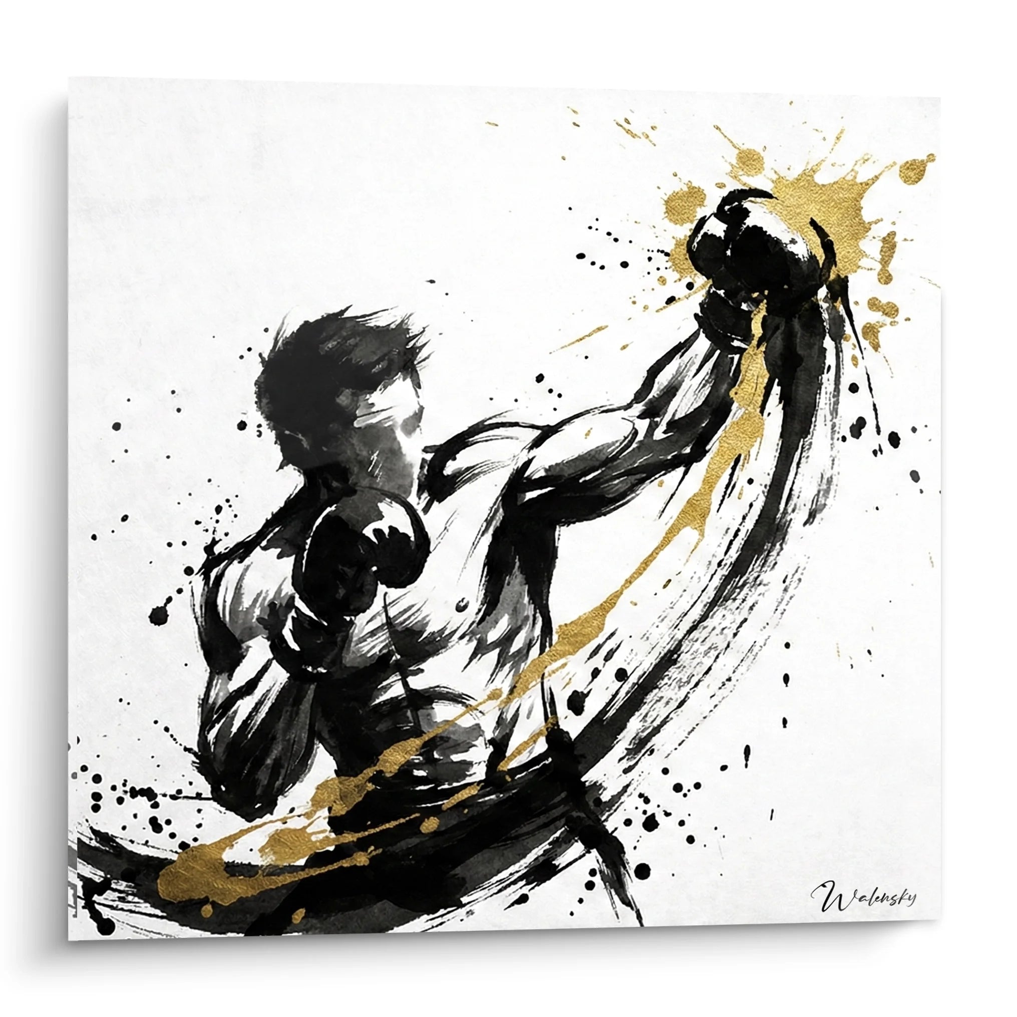Tableau boxeur abstrait noir et or représentant un combat dynamique style moderne