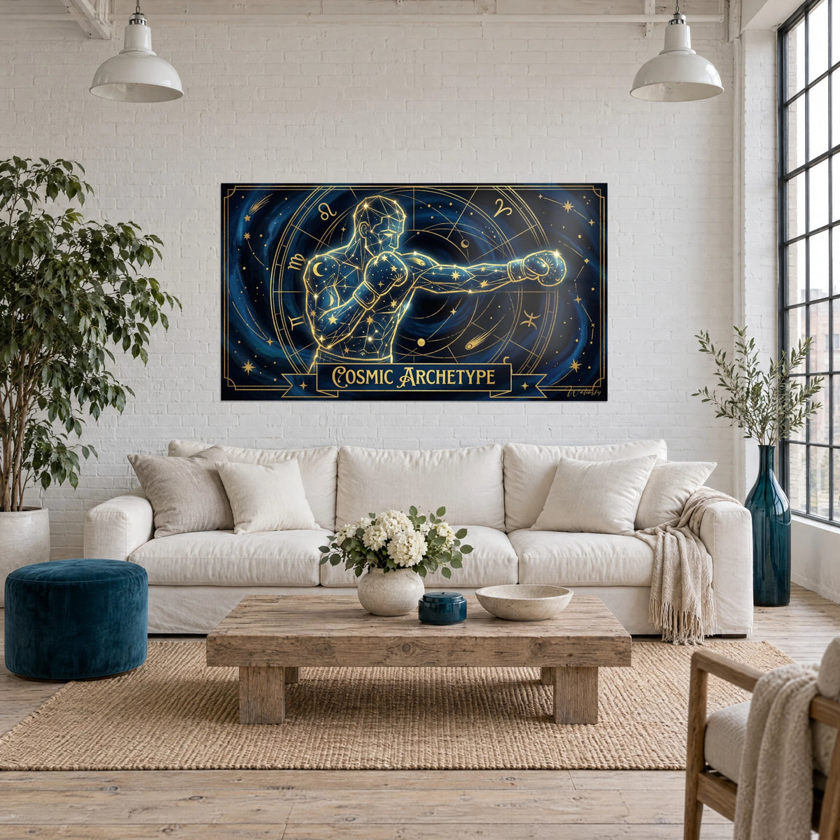 Schilderij van bokser in gouden sterrenbeeld, vuist gestrekt tegen een met sterren bezaaide nachtblauwe lucht, boven een bank in een lichte woonkamer