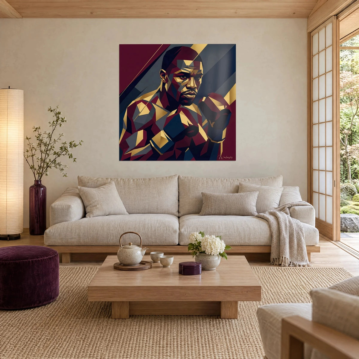 Schilderij bokser in geometrische facetten van bordeaux en goud, harde blik, opgeheven handschoenen, boven een bank in een lichte woonkamer