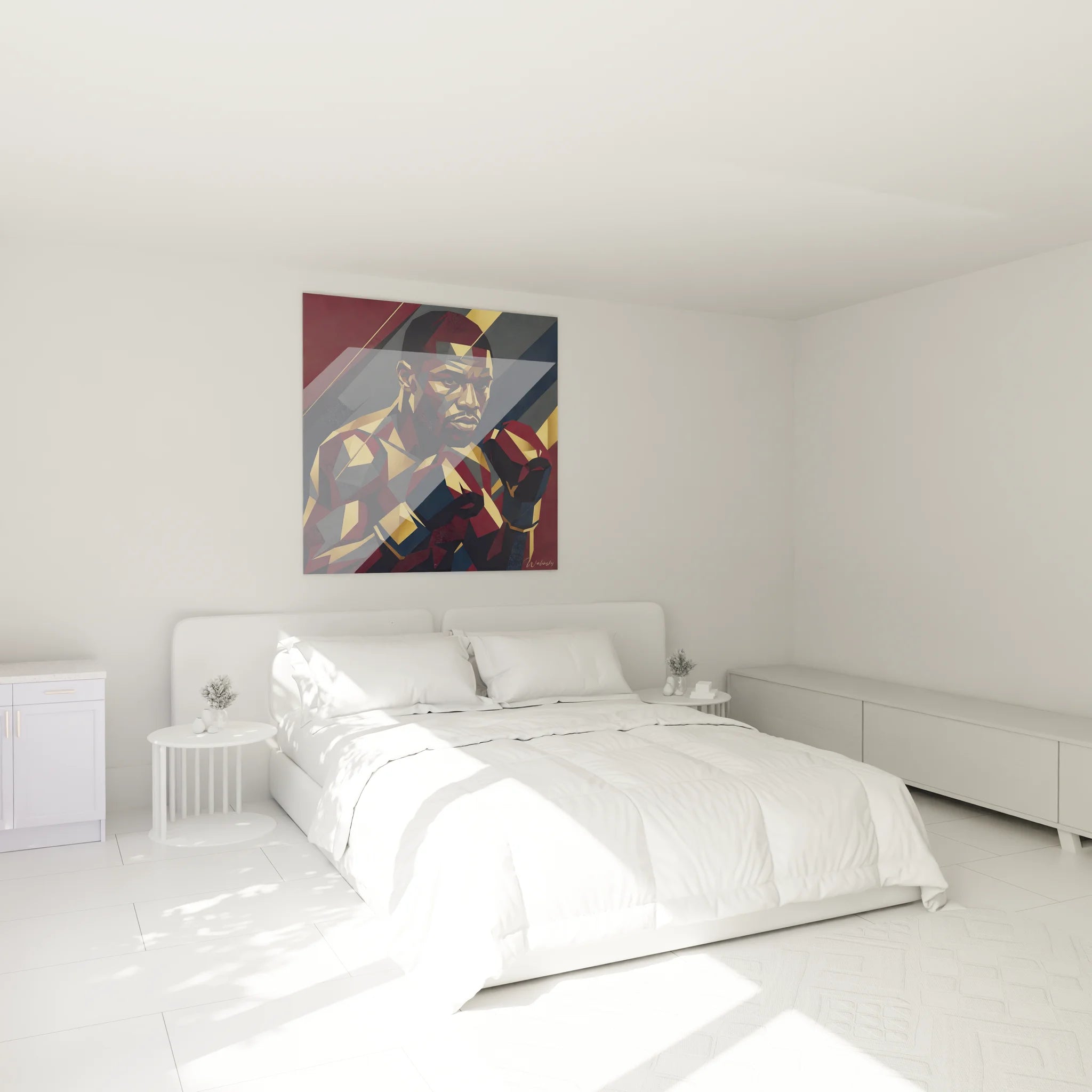 Tableau boxeur géométrique décorant une chambre moderne avec style artistique contemporain