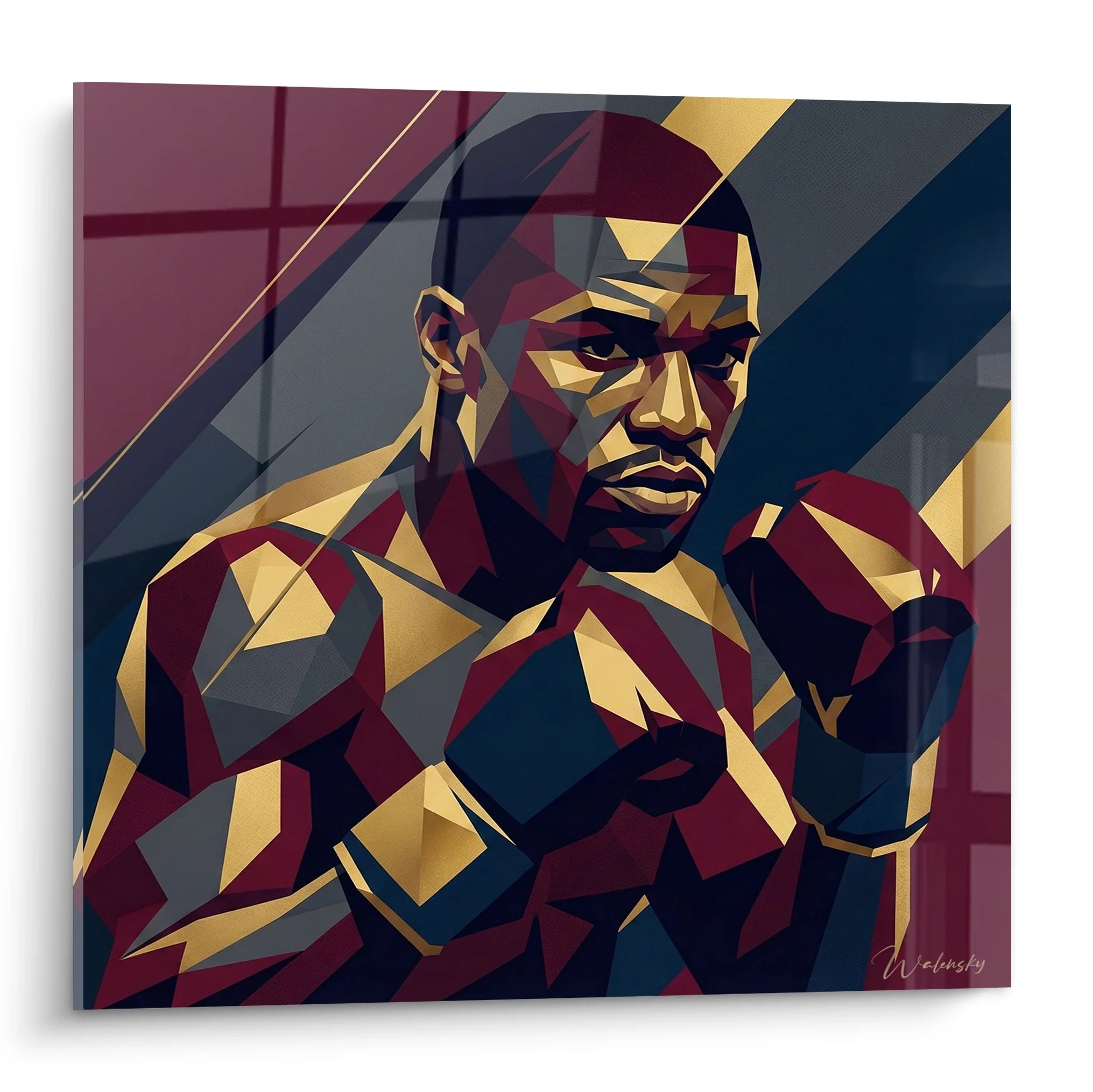Tableau boxeur portrait géométrique moderne aux couleurs dorées et bordeaux style low poly