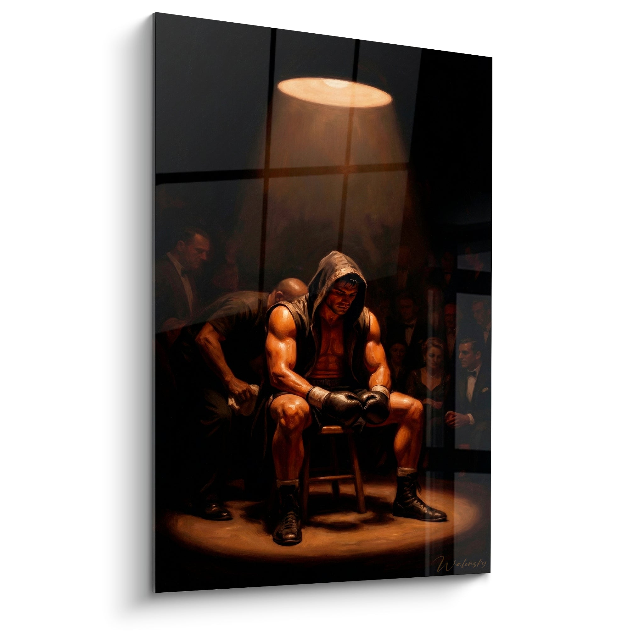 Tableau boxeur encapuchonné assis sous projecteur avant combat
