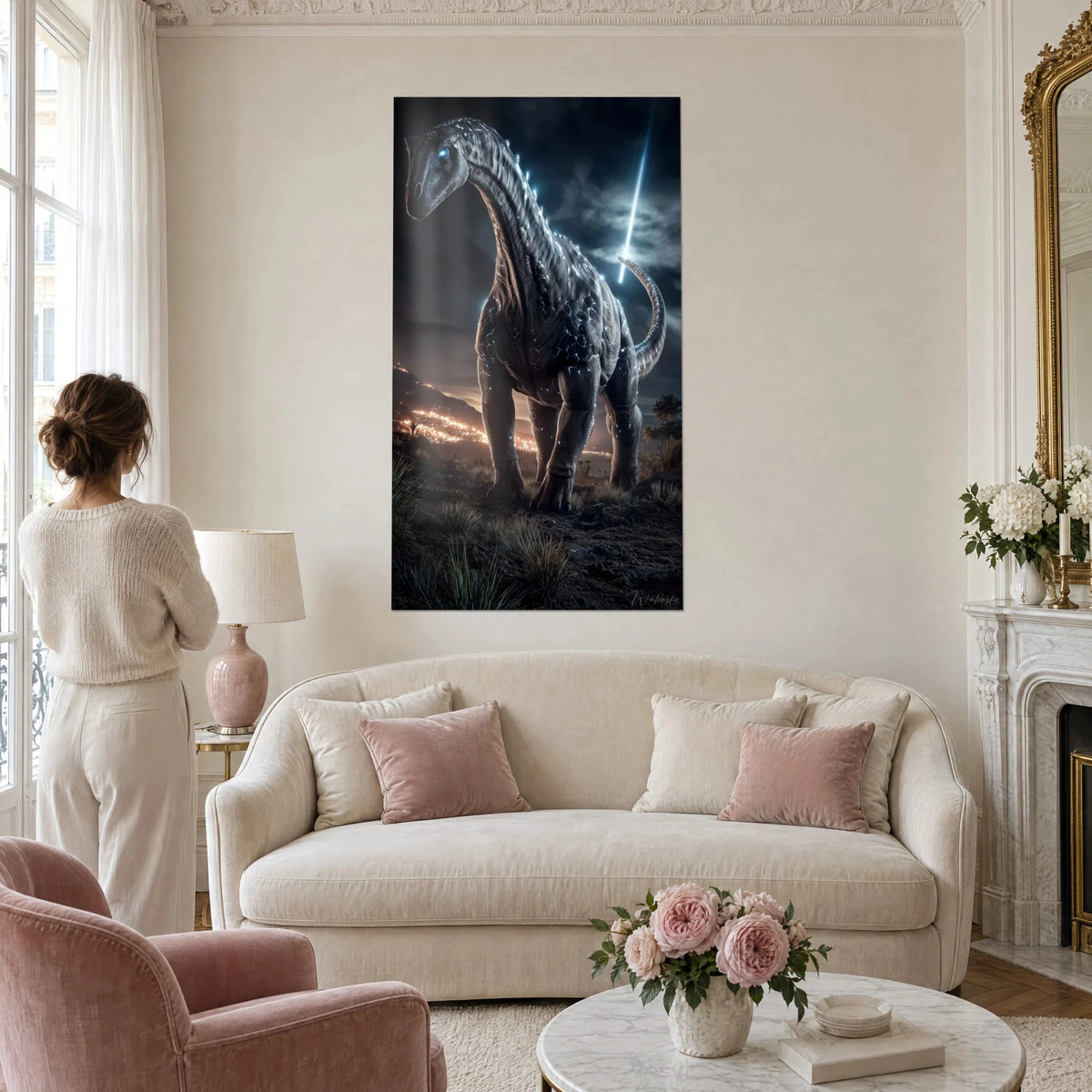Wall art brachiosaurus with scales speckled with blue glints, anthracite stormy sky, above a sofa in a bright living room