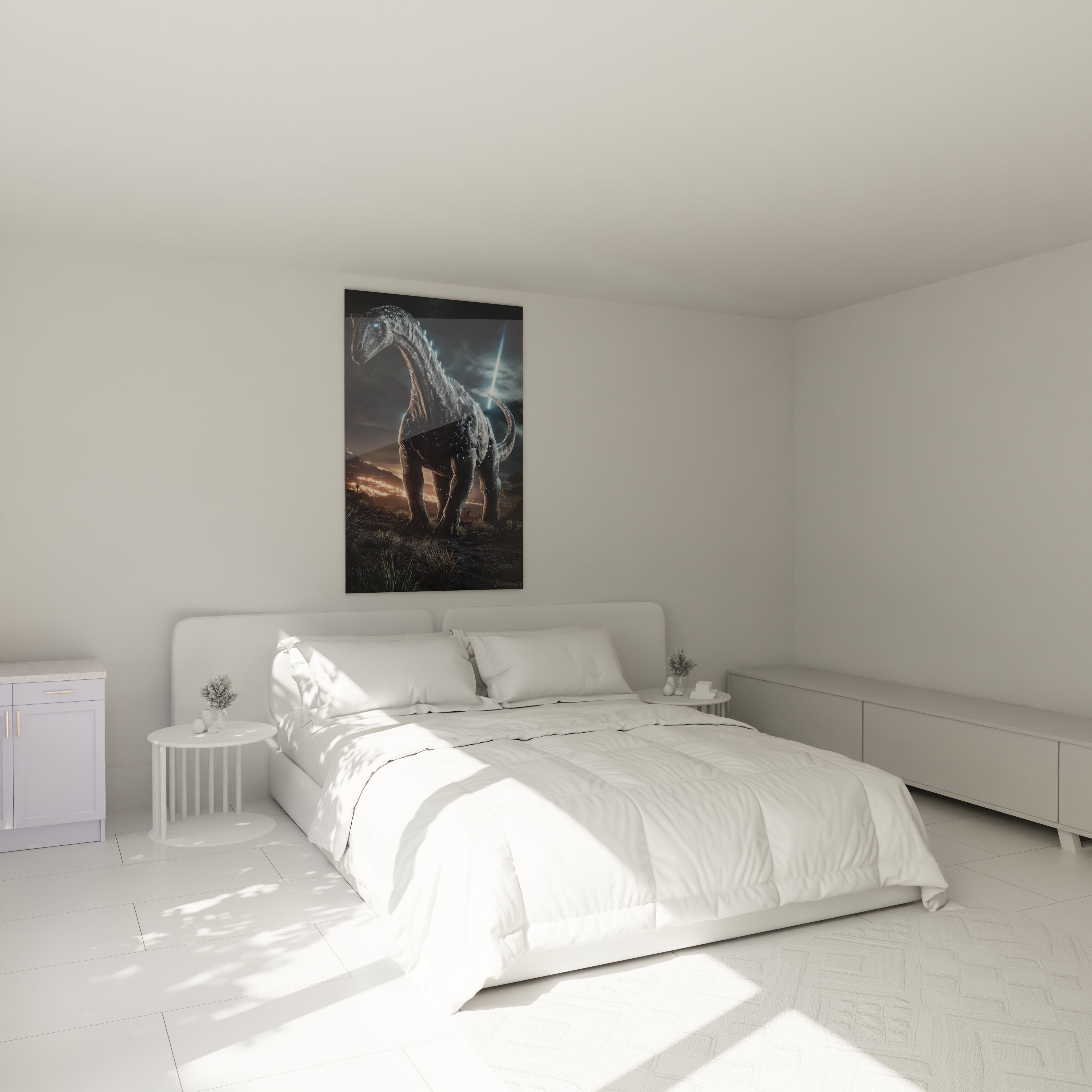 Tableau brachiosaure géant décorant chambre moderne - ambiance art mural dinosaure contemporain