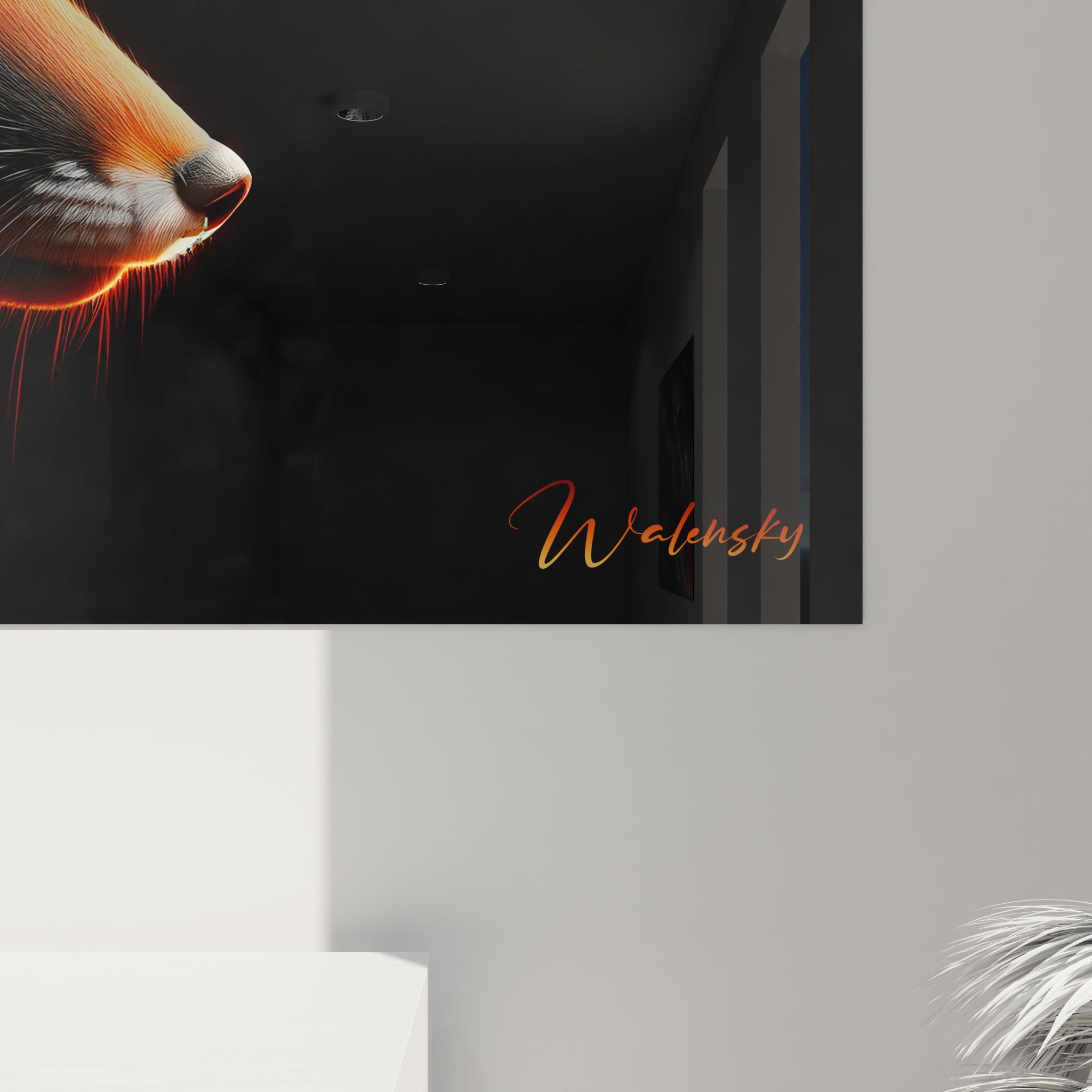 Un tableau d'animal présentant un renard vu de côté avec un pelage aux reflets rougeoyants comme illuminé de l'intérieur sur fond noir. La texture finement détaillée révèle chaque poil avec un effet de luminescence. Les subtiles variations de couleur entre l'orange vif, le rouge profond et le blanc créent un rendu réaliste et dynamique.
