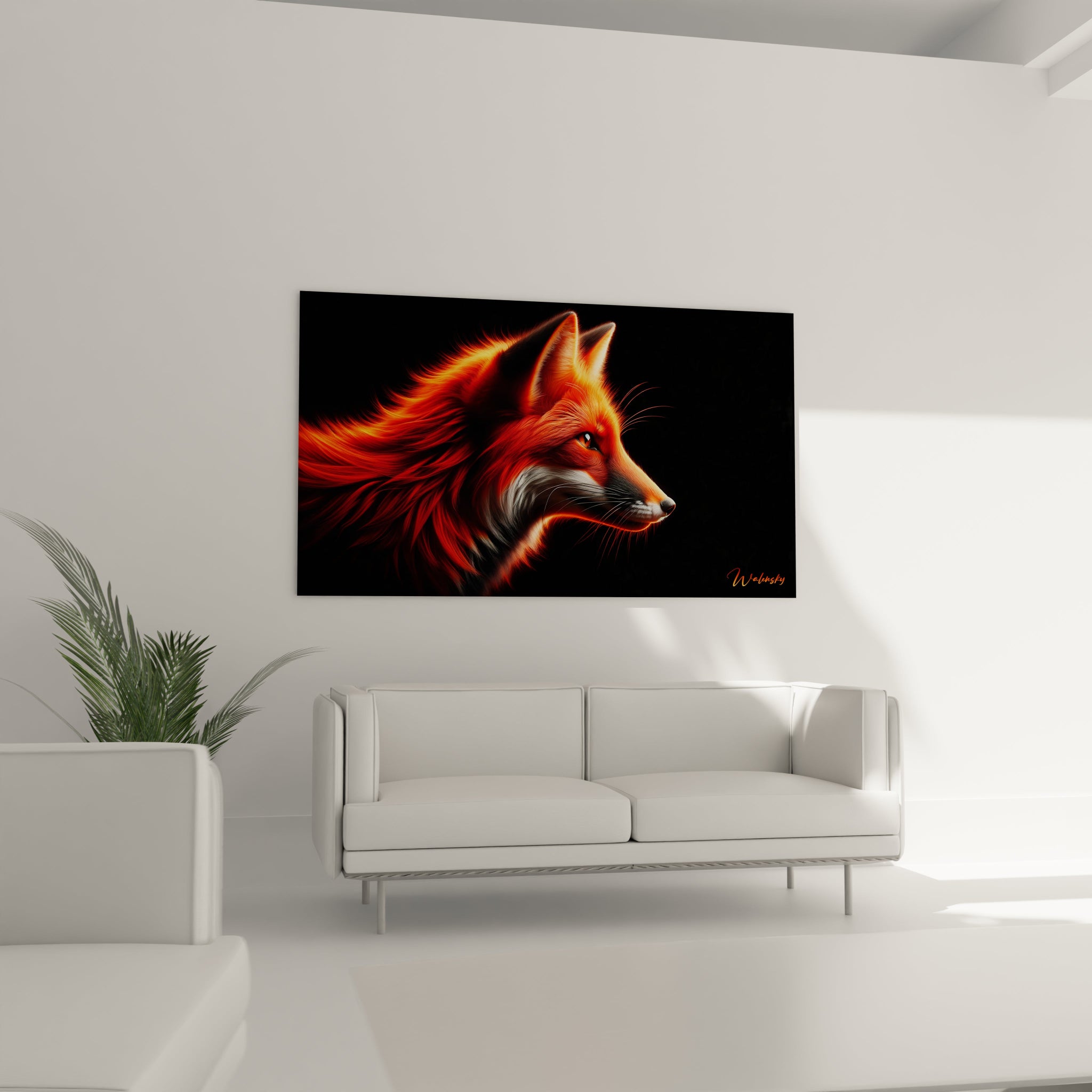 Un tableau d'animal montrant un profil de renard au pelage flamboyant dans des teintes orange et rouges intenses. La texture soyeuse et ondulante de la fourrure crée un effet de mouvement sur fond noir. Le contraste entre la zone blanche du cou et la crinière éclatante souligne les détails anatomiques.
