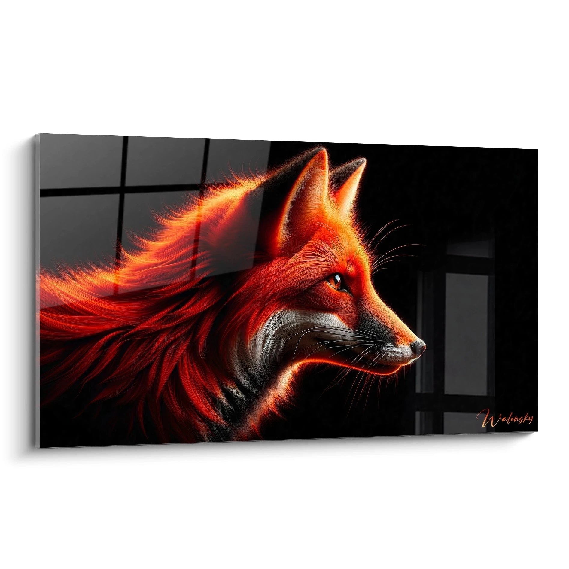 Un tableau d'animal représentant un renard roux de profil sur fond noir. Le pelage lumineux aux teintes rouge vif et orange éclatant crée un effet incandescent. La texture détaillée des poils fins et délicats est accentuée par les contrastes entre le blanc du museau et le rouge flamboyant de la crinière.

