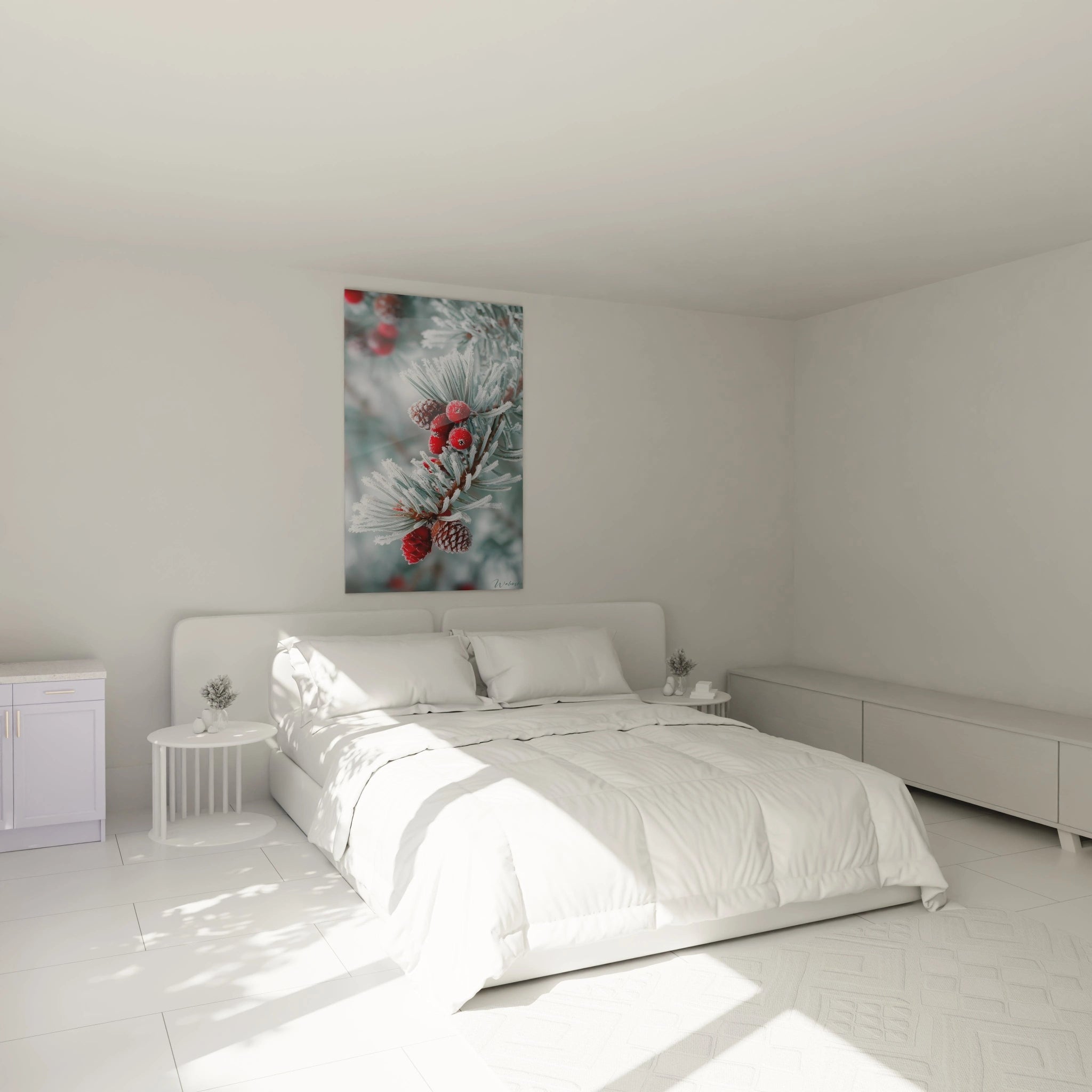 Tableau mural branche hivernale de Walensky avec des baies rouges sur fond blanc, idéal pour la décoration intérieure