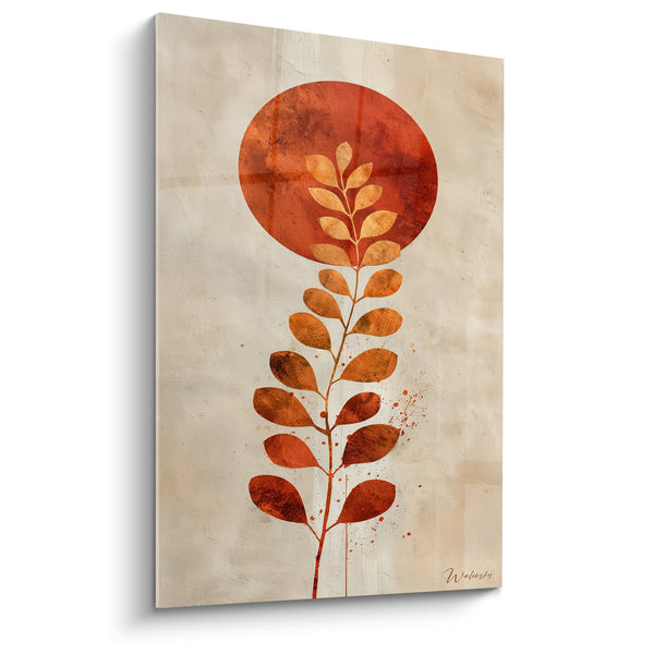 Schilderij gestileerde tak met koperen bladeren op beige achtergrond met oranje-rode cirkel - Plantenharmonie - Feng Shui Centre Terre editie