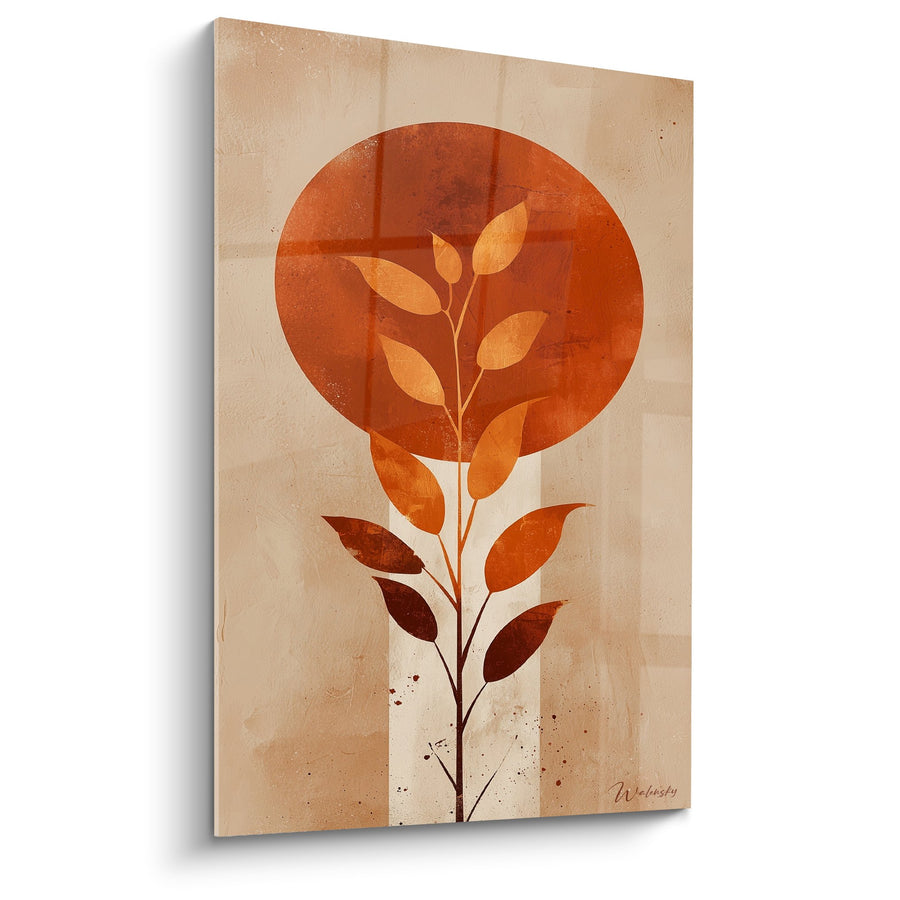 Tableau Branche Feuillage Orange sur Cercle Solaire Beige - Harmonie Végétale - Edition Feng shui Centre Terre